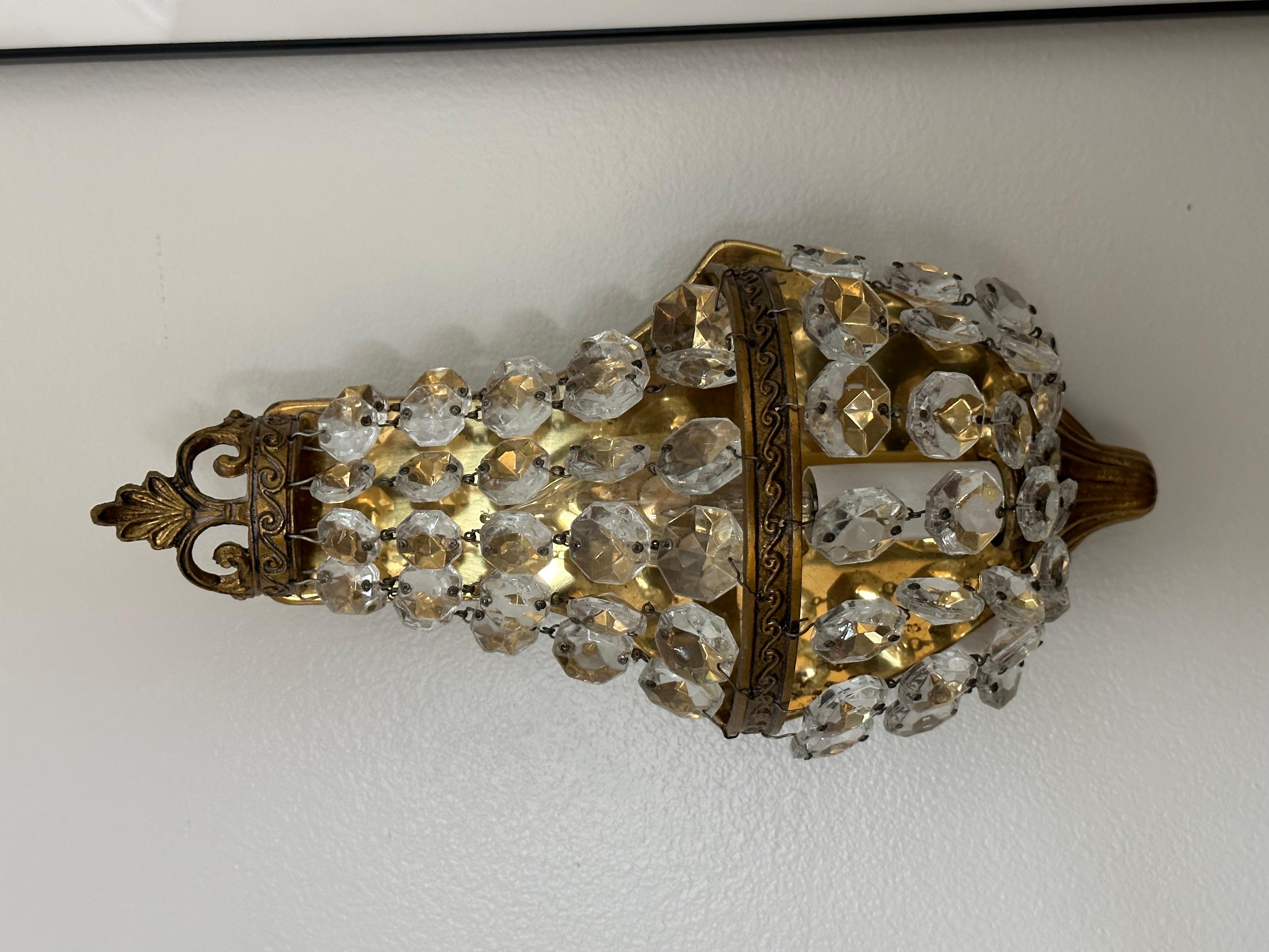 1920s Italian Empire Style Brass & Crystal Wall Sconces - a Pair For Sale 3