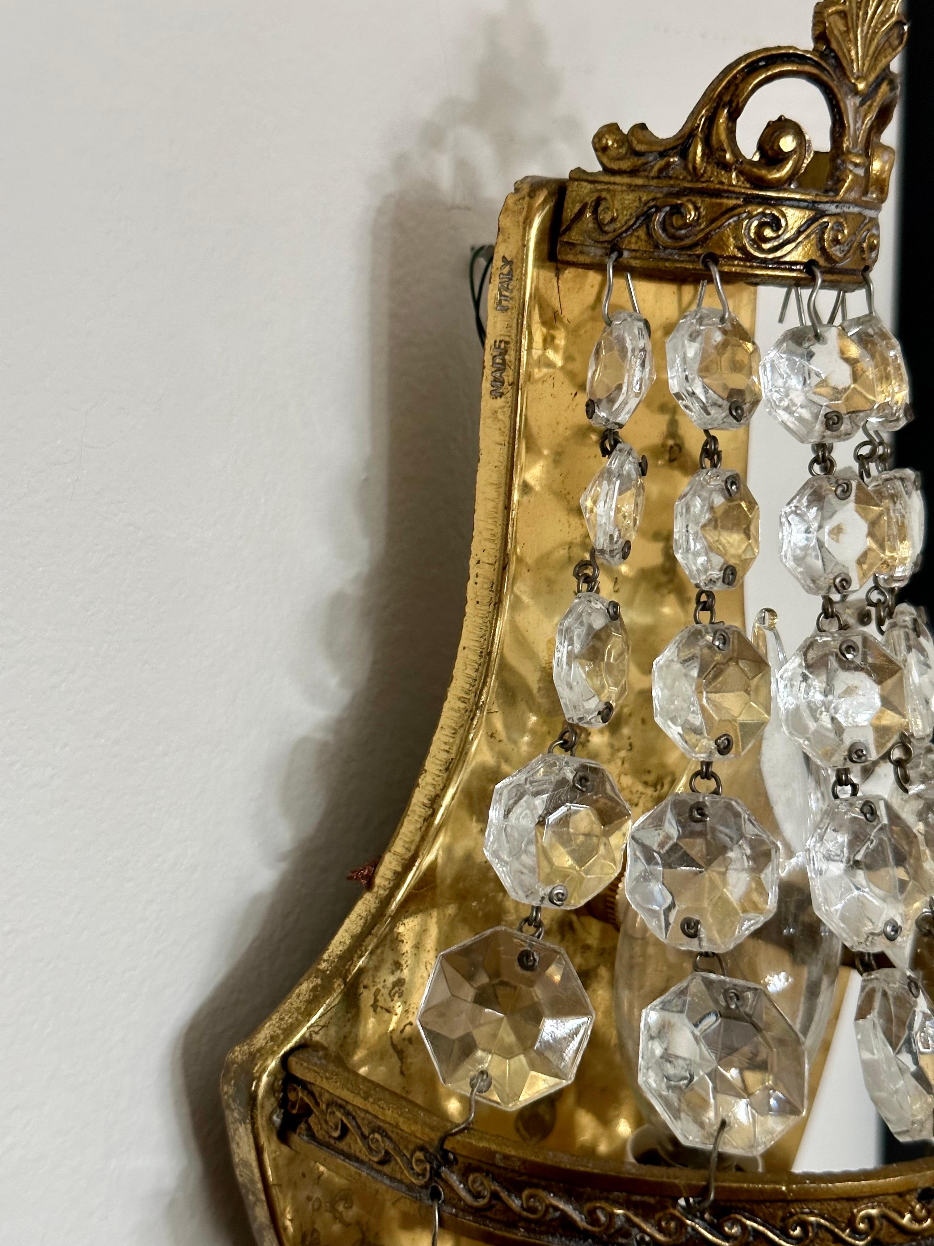 1920s Italian Empire Style Brass & Crystal Wall Sconces - a Pair For Sale 4