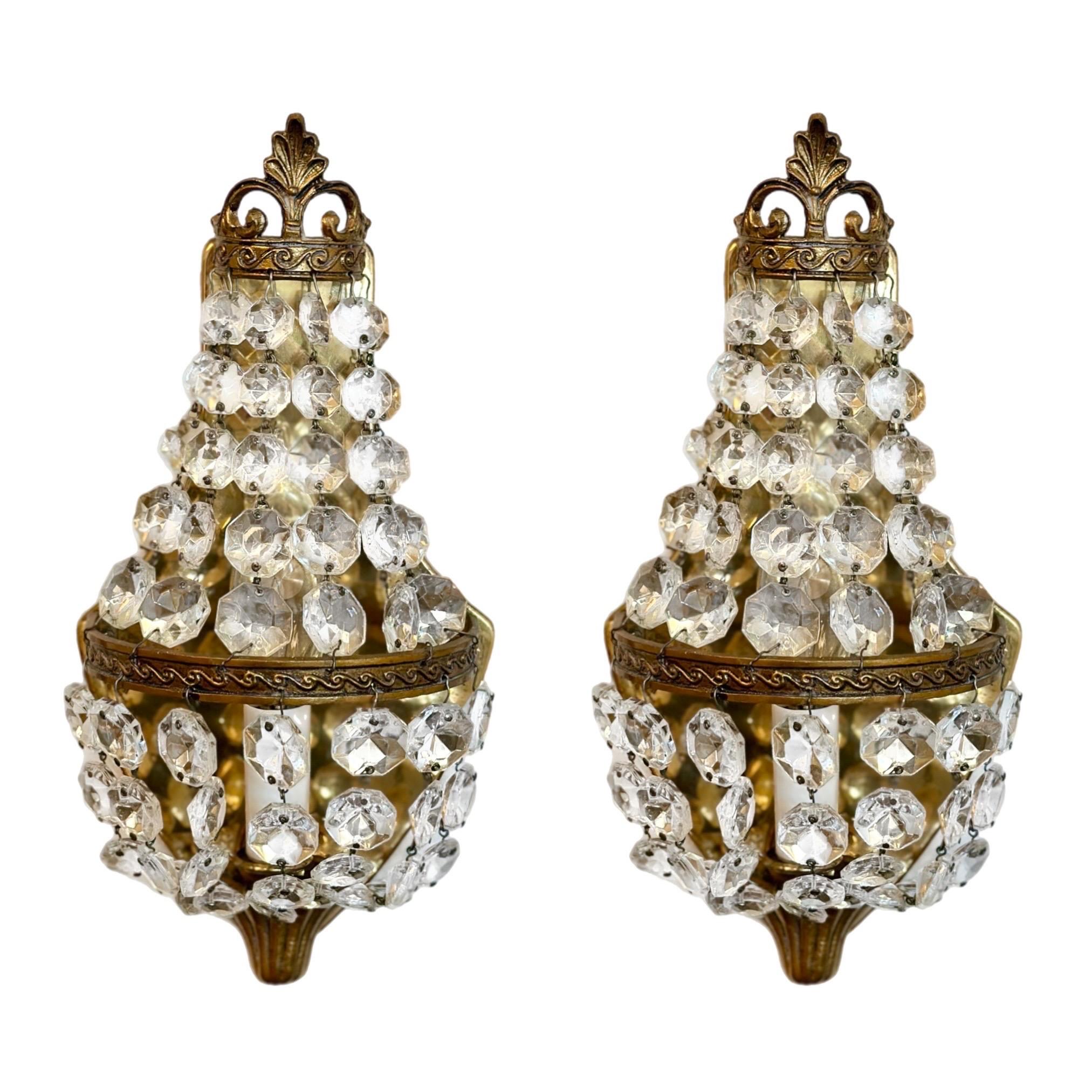 1920s Italian Empire Style Brass & Crystal Wall Sconces - a Pair For Sale