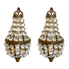 1920s Italian Empire Style Brass & Crystal Wall Sconces - a Pair