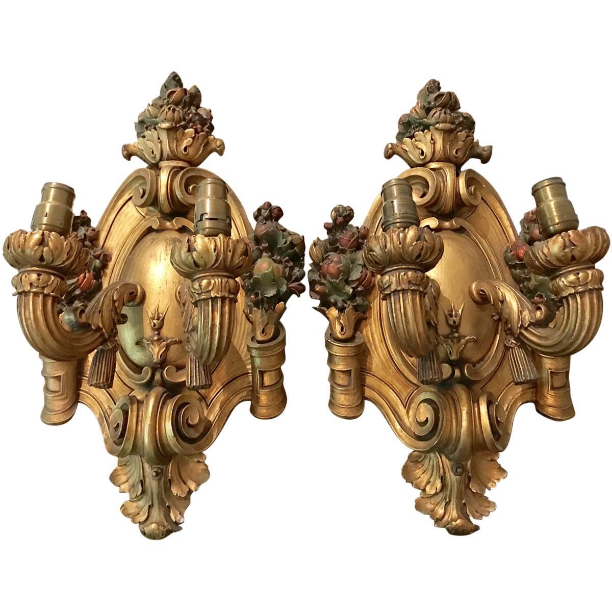 1920s Italian Giltwood Two-Light Wall Sconces For Sale