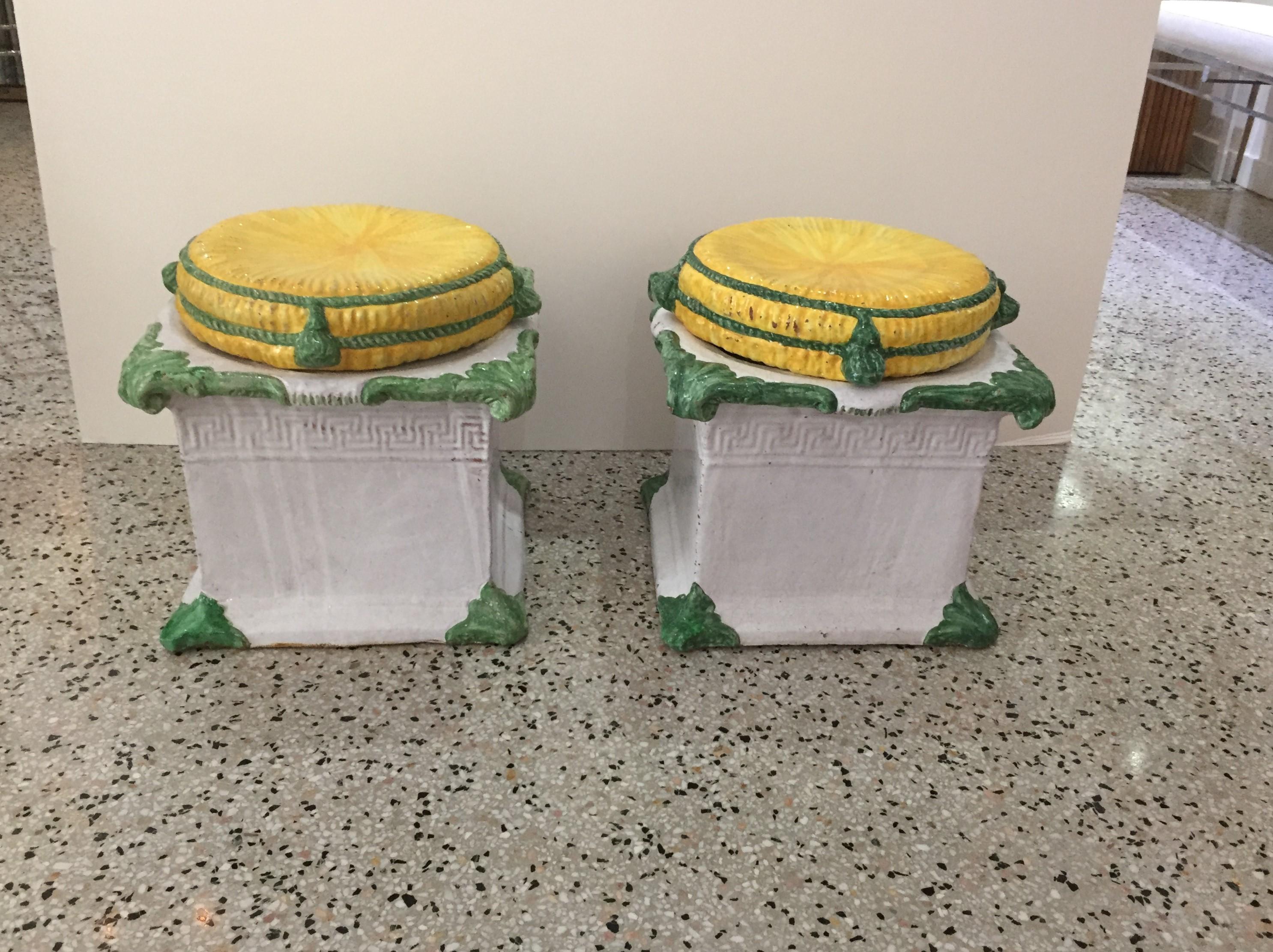 Pair of 1920s Italian Glazed Terracotta Garden Stools  1