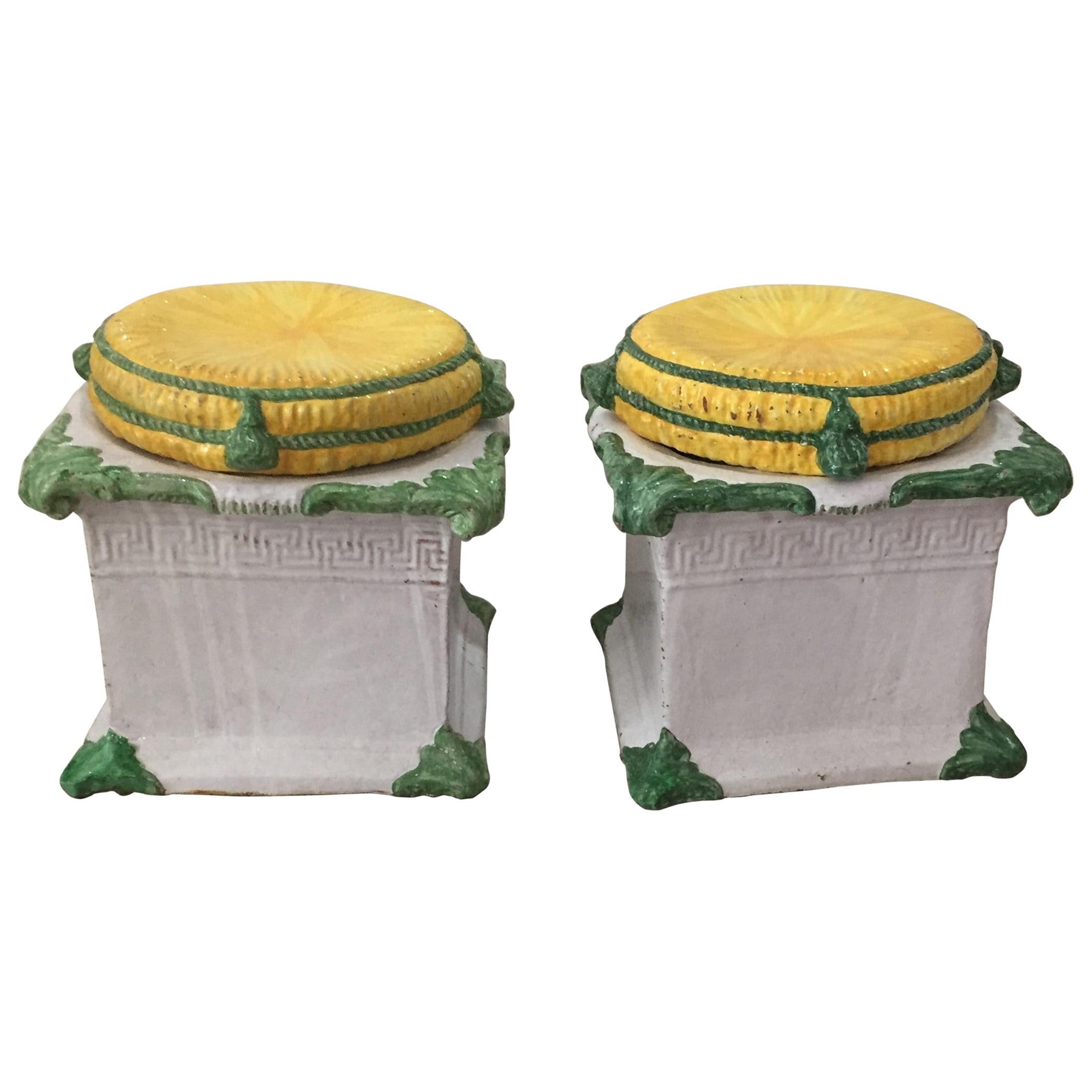 Pair of 1920s Italian Glazed Terracotta Garden Stools 