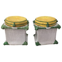 Antique Pair of 1920s Italian Glazed Terracotta Garden Stools