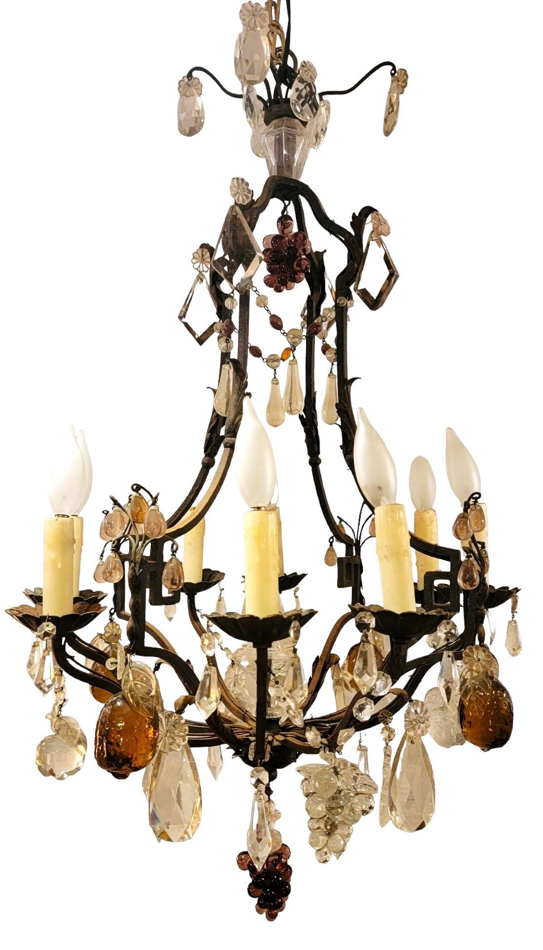 Modern 1920s Italian Iron and Crystal Chandelier With Crystal Fruits For Sale