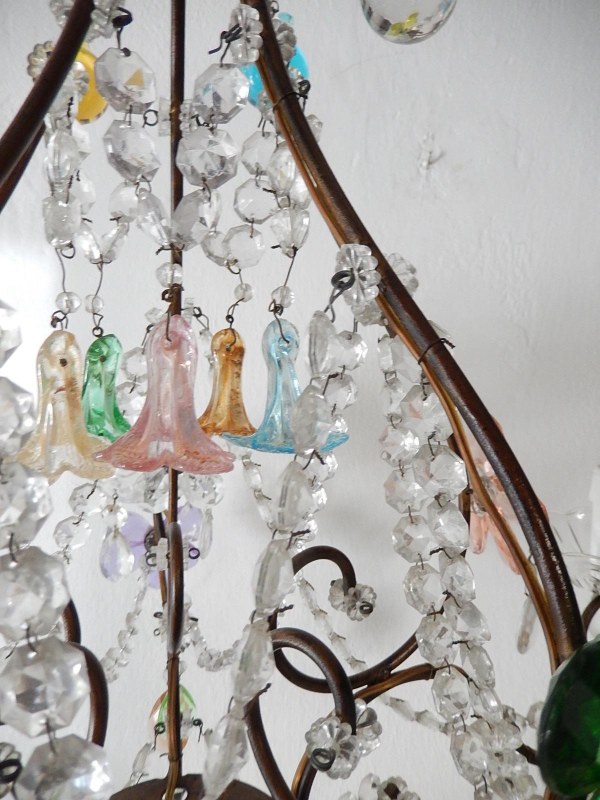 Baroque 1920s Italian Murano Multi-Color Crystal Flowers, Bells and Drops Chandelier