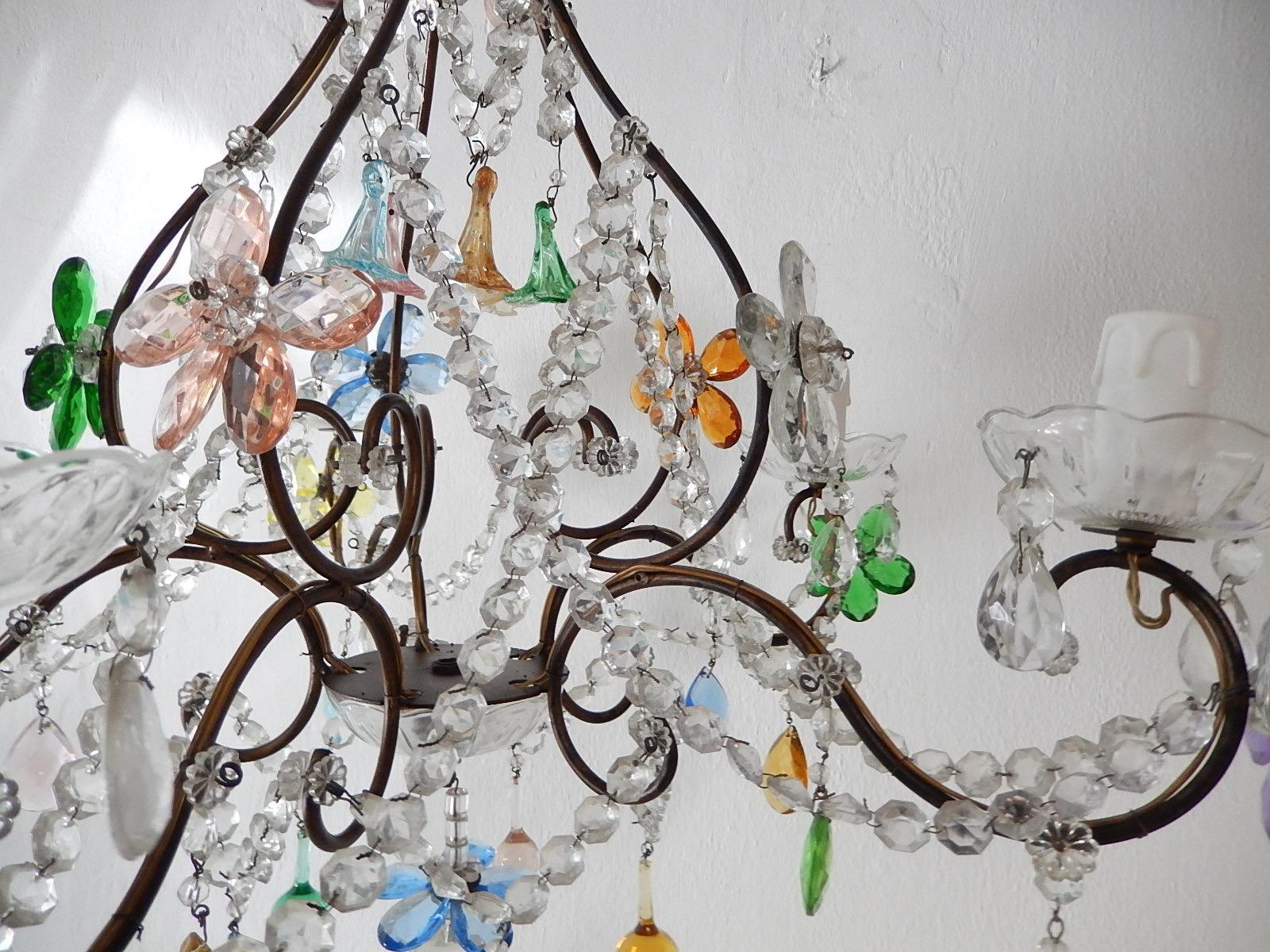 Early 20th Century 1920s Italian Murano Multi-Color Crystal Flowers, Bells and Drops Chandelier
