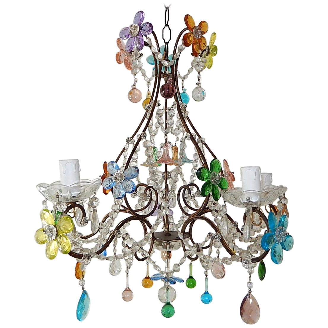 1920s Italian Murano Multi-Color Crystal Flowers, Bells and Drops Chandelier