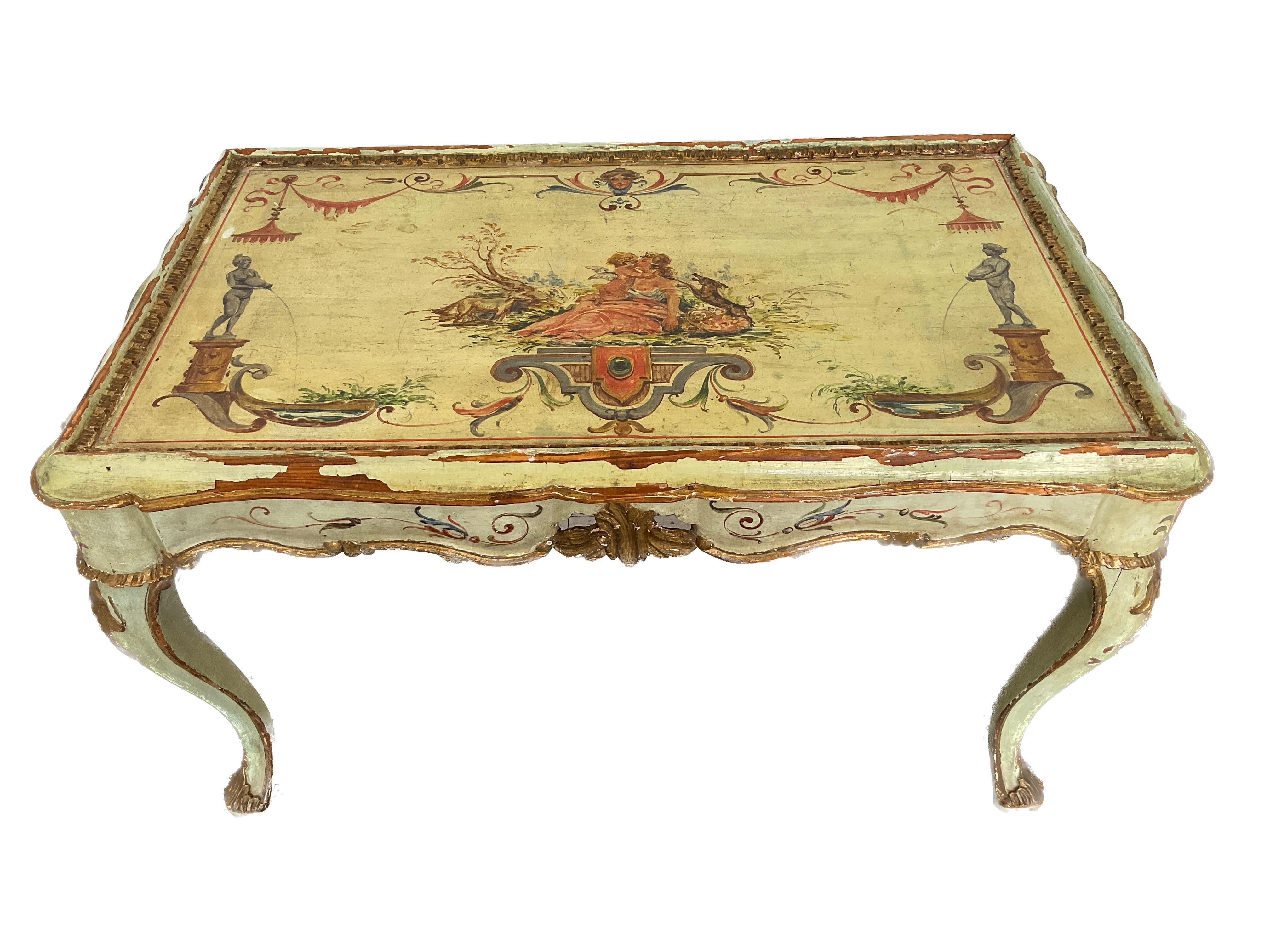 1920s Hand painted wood Italian coffee table with glass top.