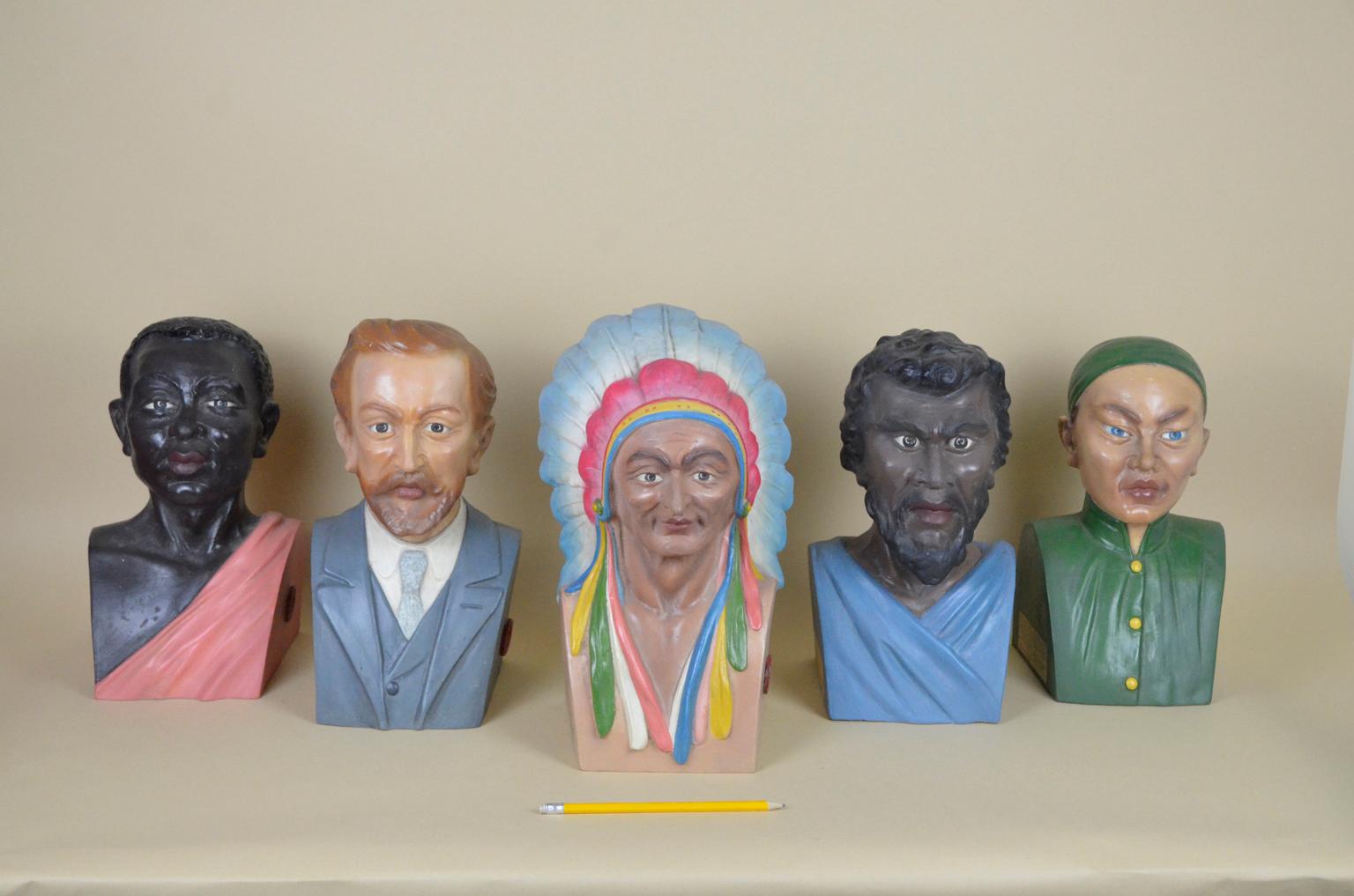 Extremely rare set of five ethnographic painted plaster busts realized in the 1920s ca by Produzione Scientifica Paravia in Turin, Italy.

Each bust describes one of five different ethnographic group using the scientific standards and knowledge of
