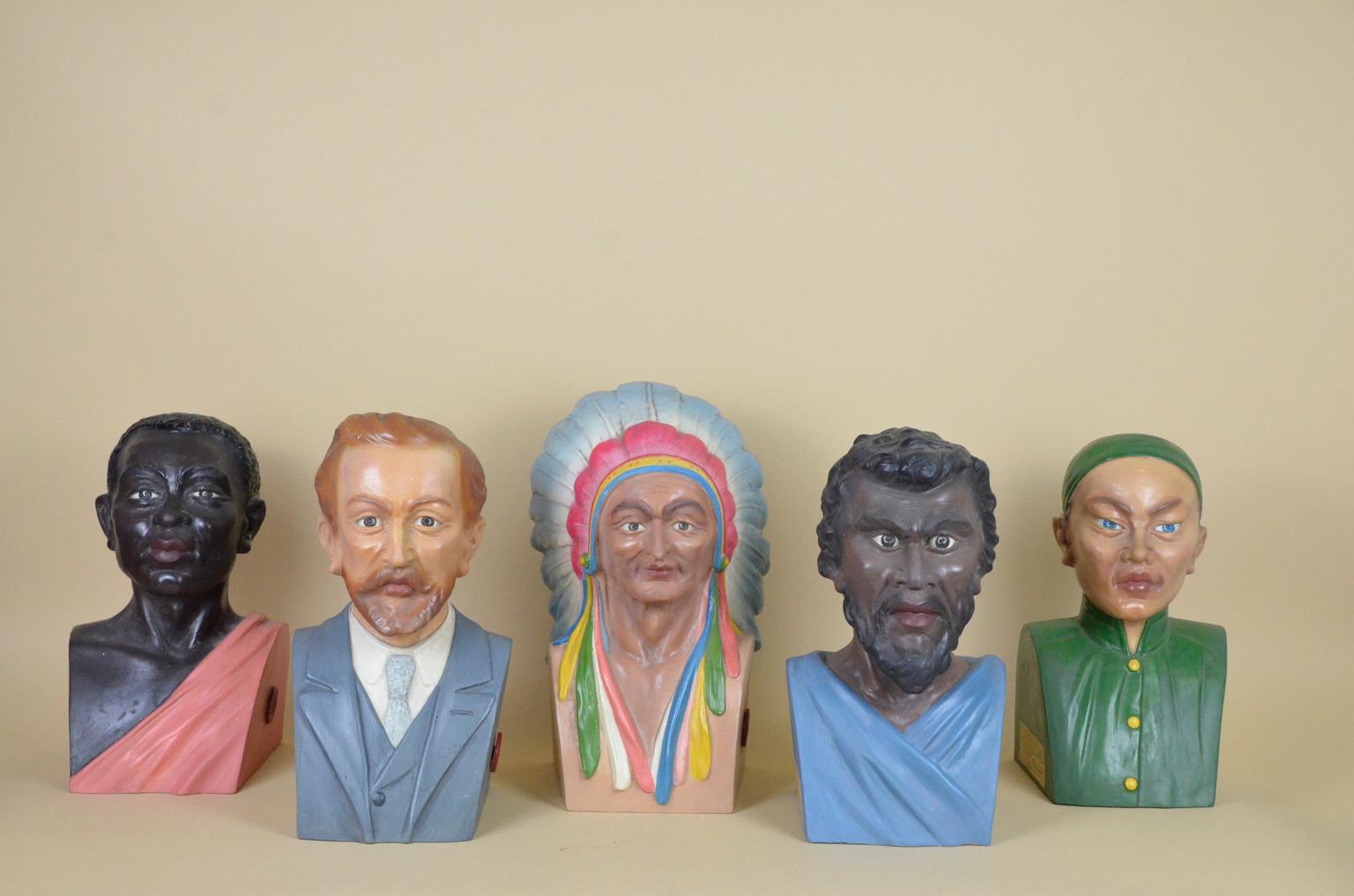 Art Deco 1920s Italian Vintage Set of Five Ethnographic Plaster Busts by Paravia, Turin For Sale