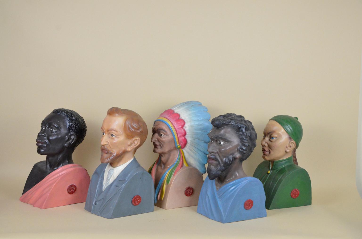 Hand-Painted 1920s Italian Vintage Set of Five Ethnographic Plaster Busts by Paravia, Turin For Sale
