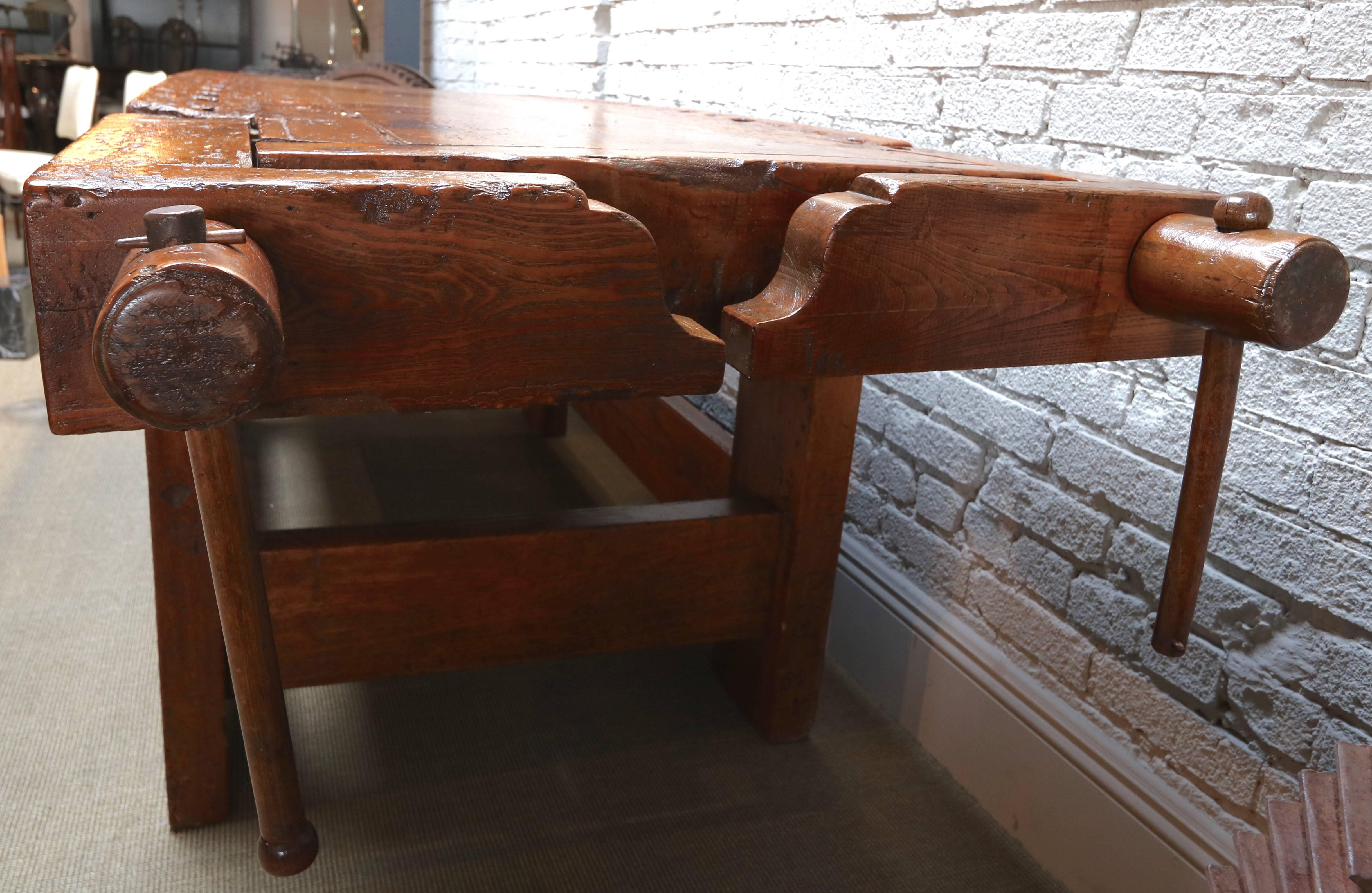 1920s Italian Wooden Carpenter's Bench with Three Working Vices In Good Condition In Los Angeles, CA