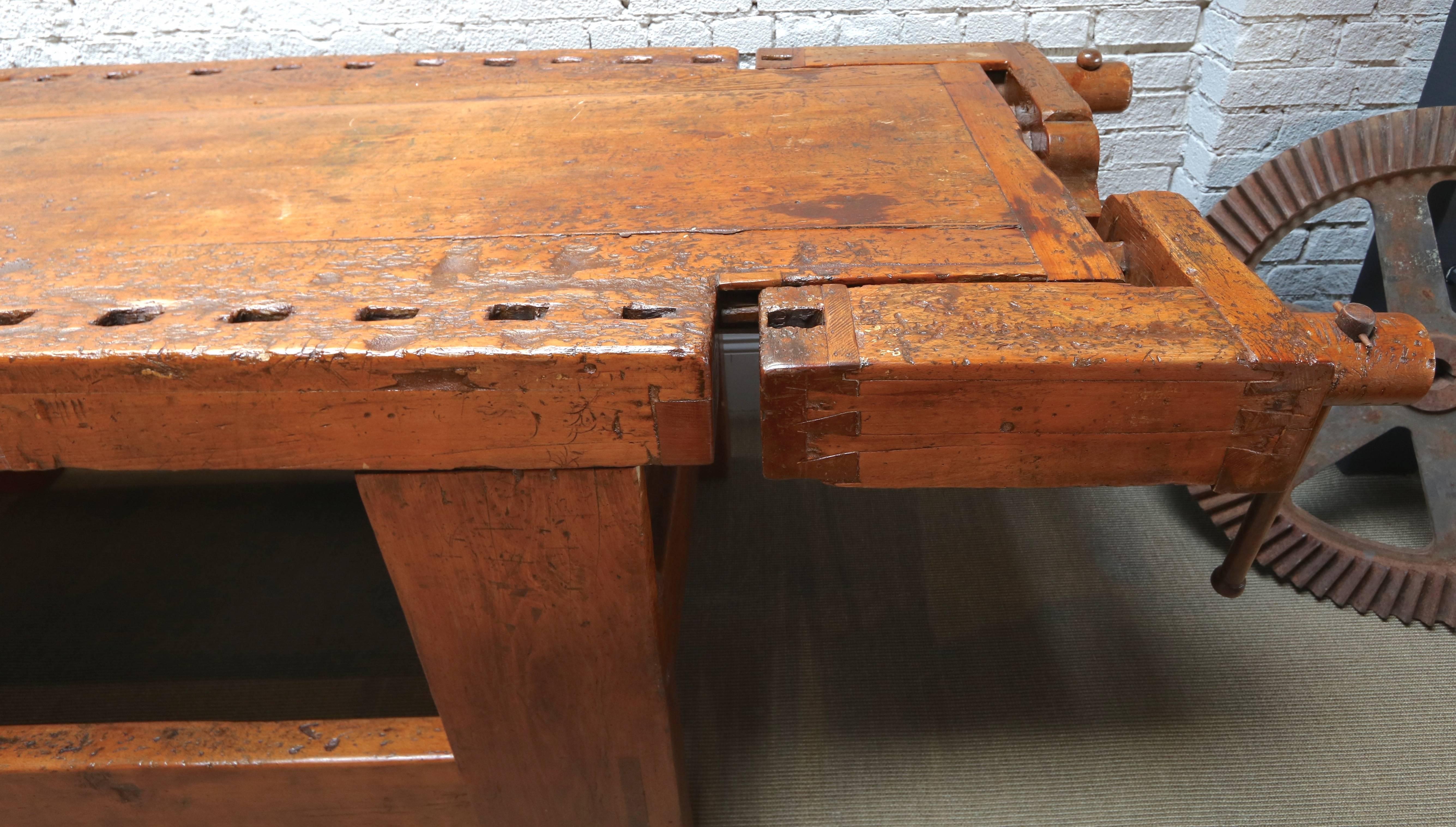 20th Century 1920s Italian Wooden Carpenter's Bench with Three Working Vices