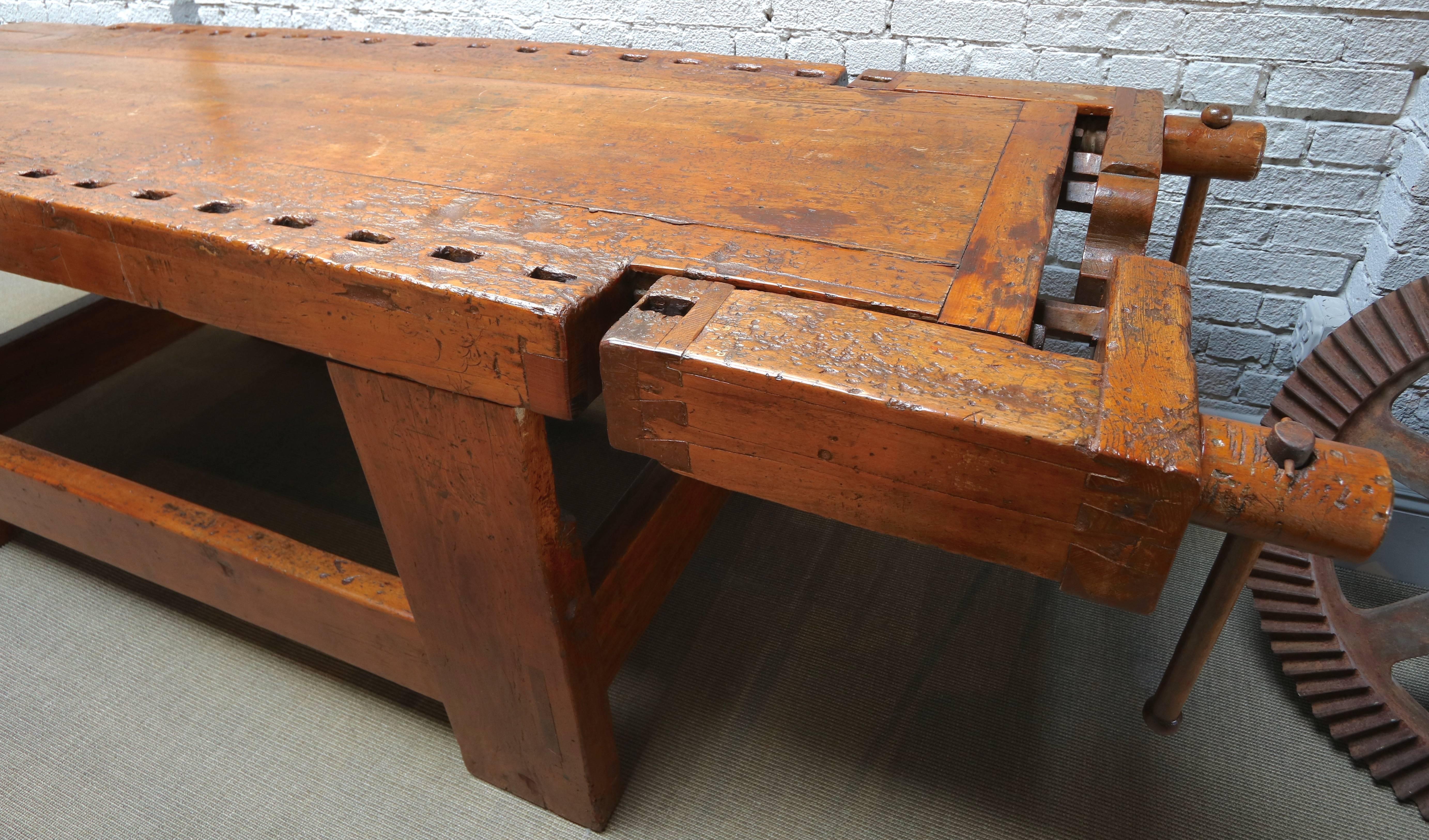 1920s Italian Wooden Carpenter's Bench with Three Working Vices 1