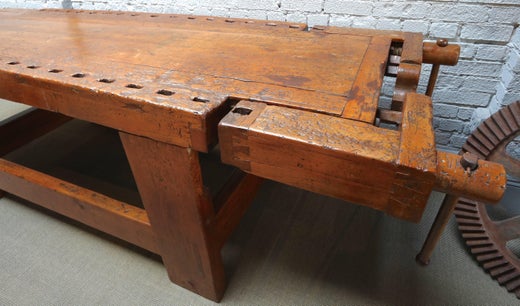 1920s Italian Wooden Carpenter S Bench With Three Working Vices At