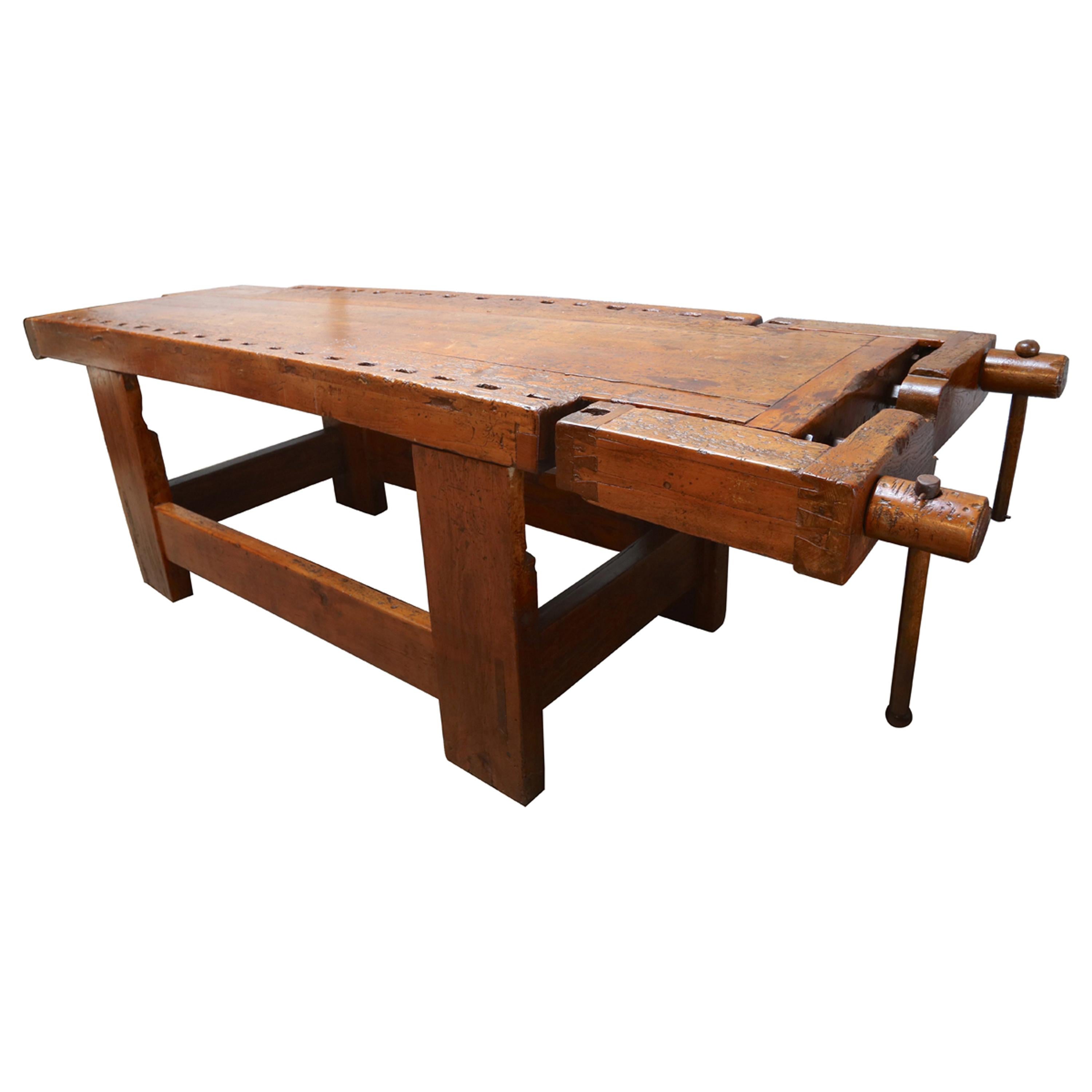 1920s Italian Wooden Carpenter's Bench with Three Working Vices