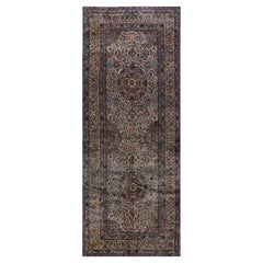 1920s Ivory Antique Medallion Paisley Kilim Handknotted Wool Kerman Runner Rug
