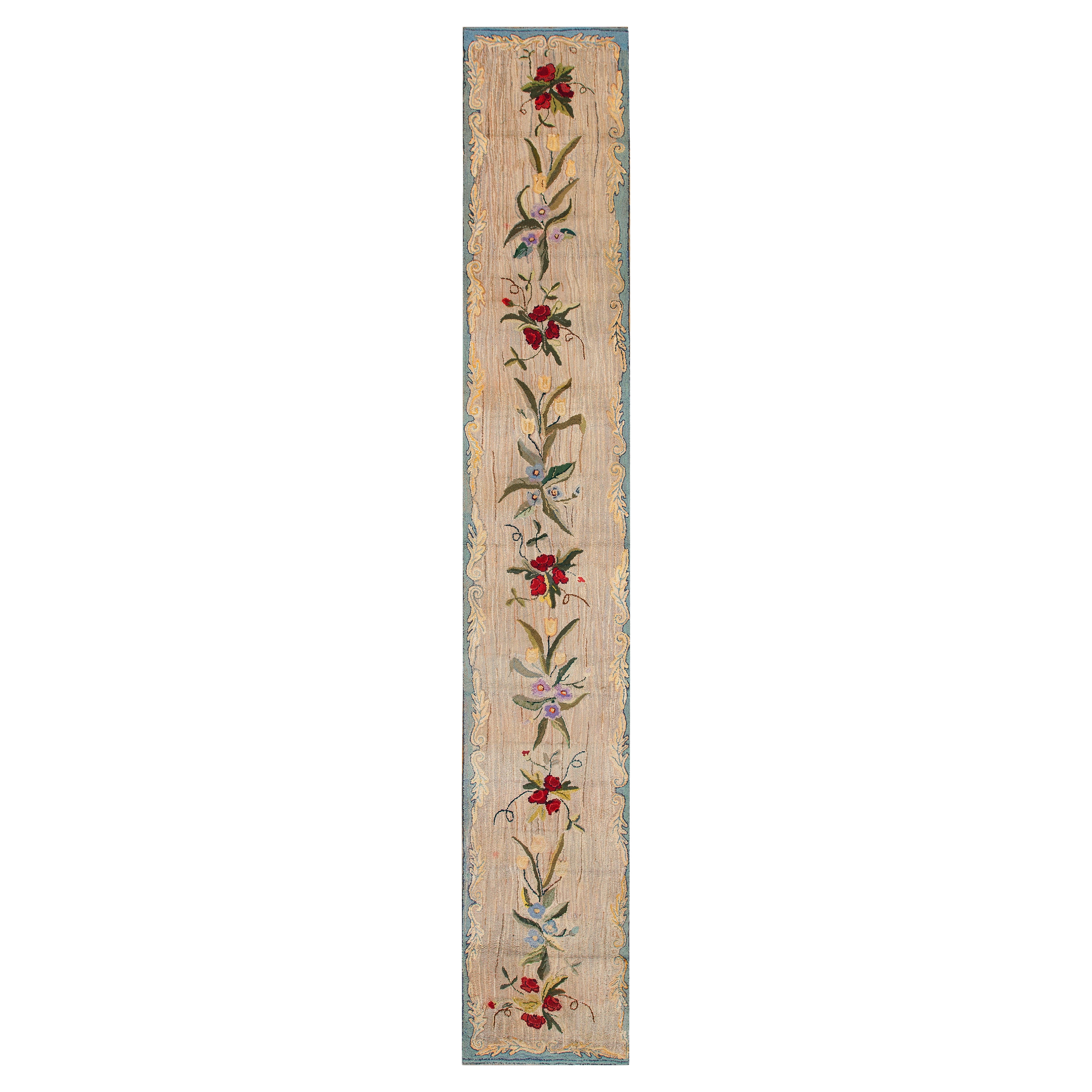 1920s Ivory 
Colorful Floral Long Runner American Hooked Rug 2
10"x18
4" Carpet