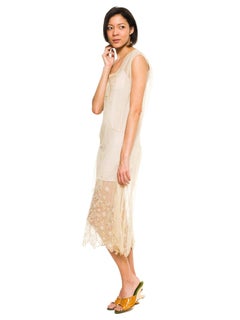 1920S Ivory Cotton Net Callot Soeurs Style Hand Embroidered Dress