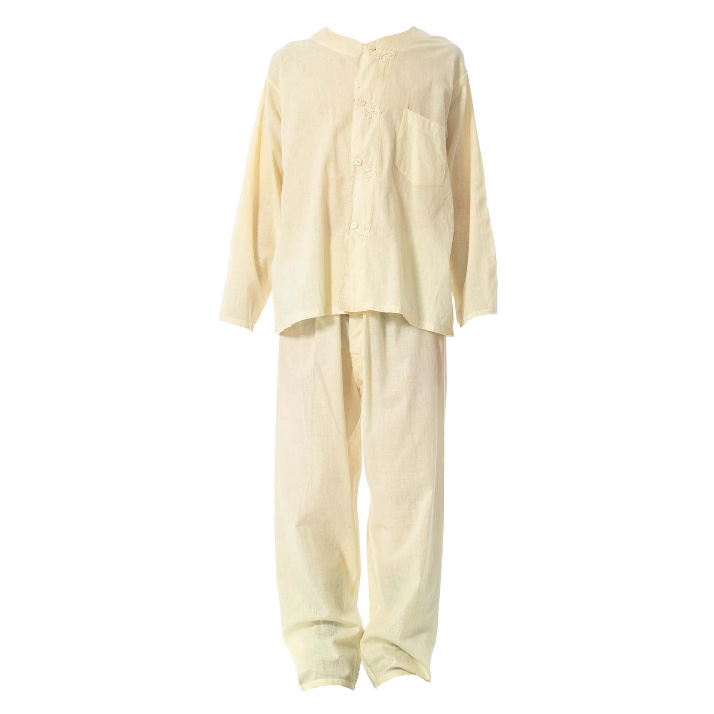1920S Ivory Cotton Rare Antique Mens Pajamas