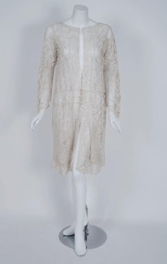 Vintage 1920's Ivory Embroidered Net & Filet-Lace Angel Sleeve Bridal Jacket