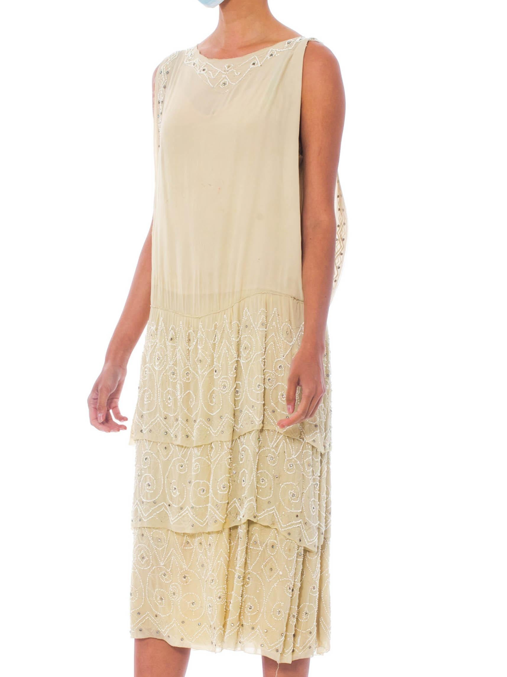 Women's 1920S Ivory Silk Chiffon Cocktail Dress With White Beadwork & Crystals For Sale