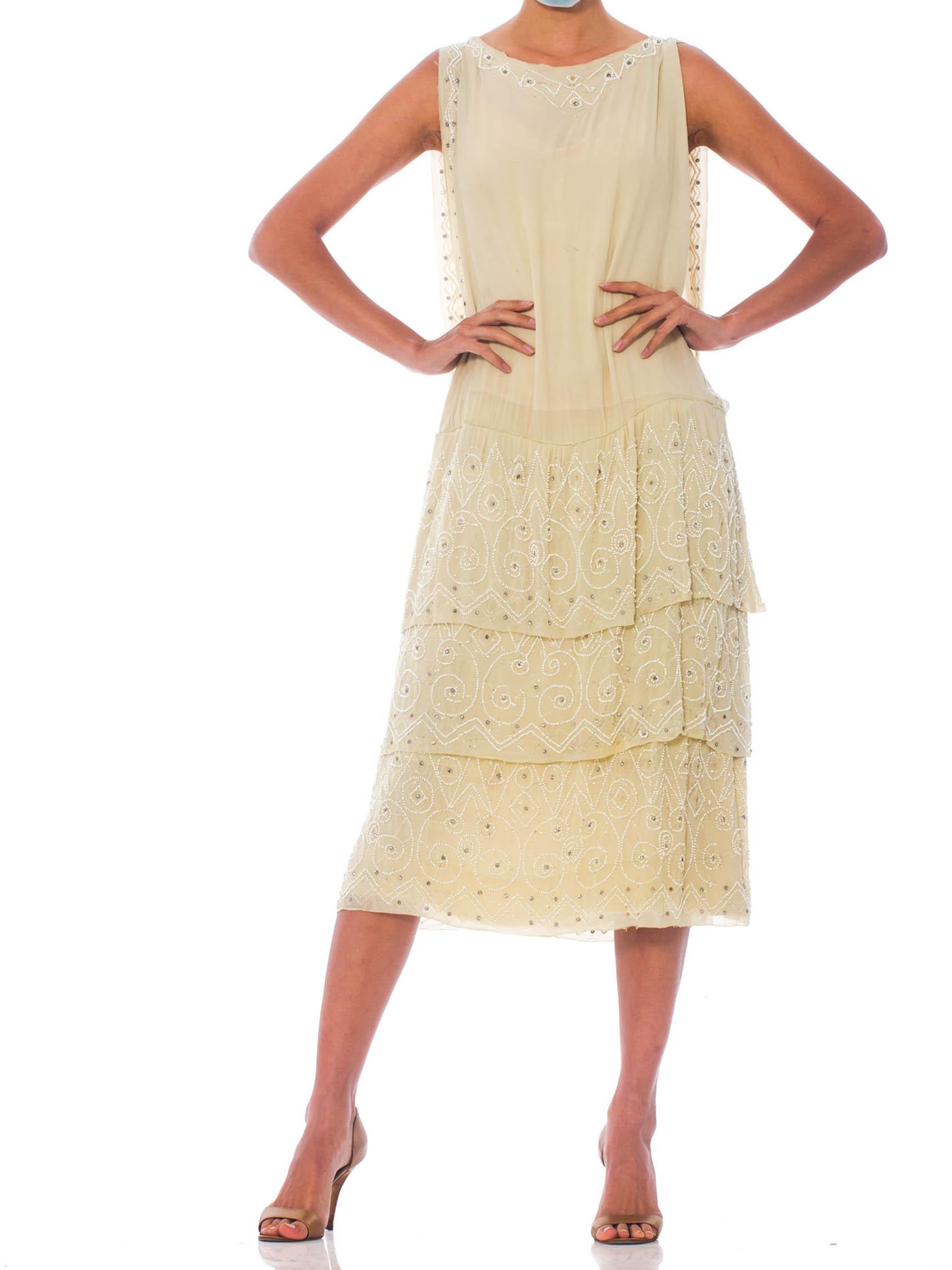 1920S Ivory Silk Chiffon Cocktail Dress With White Beadwork & Crystals For Sale 2