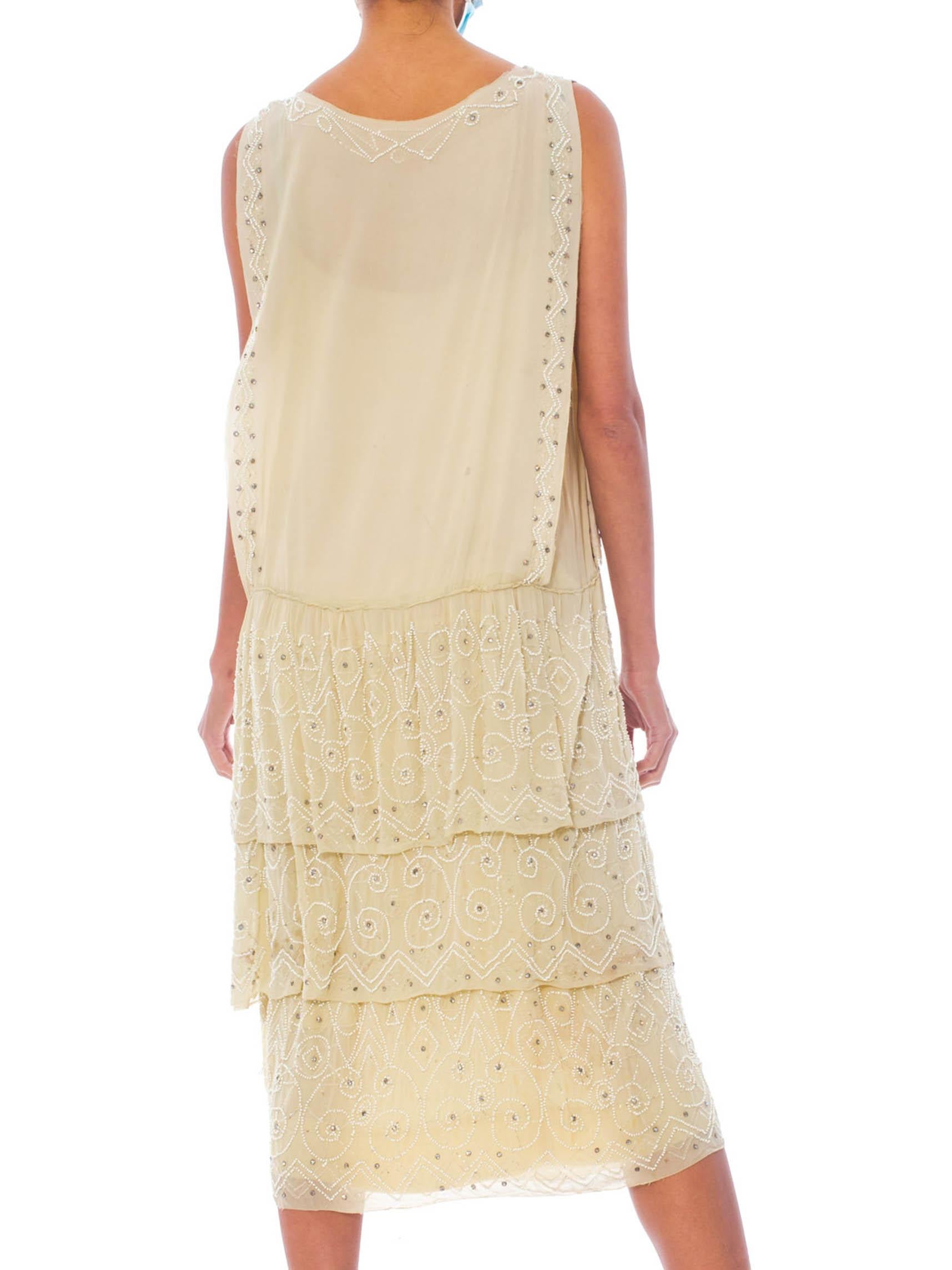 1920S Ivory Silk Chiffon Cocktail Dress With White Beadwork & Crystals For Sale 4