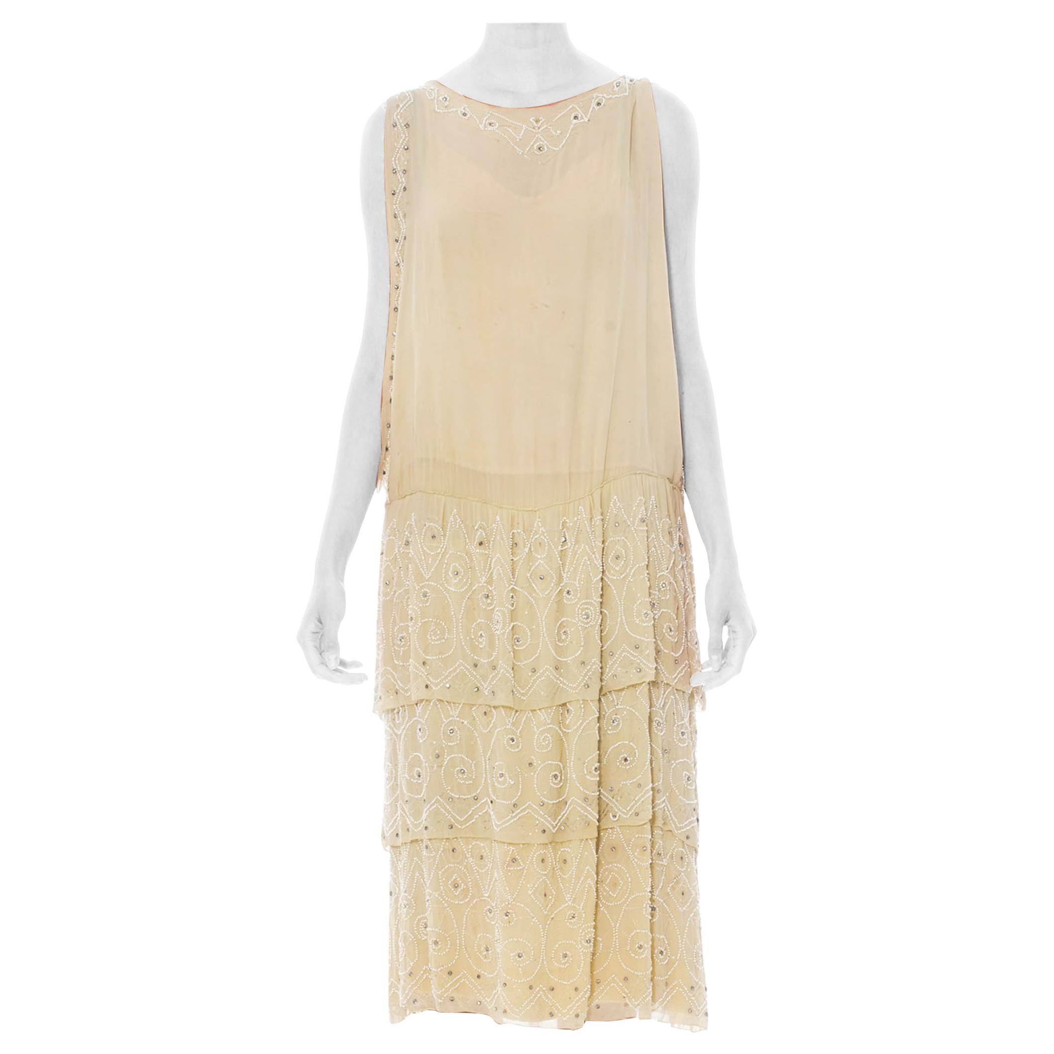 1920S Ivory Silk Chiffon Cocktail Dress With White Beadwork & Crystals For Sale