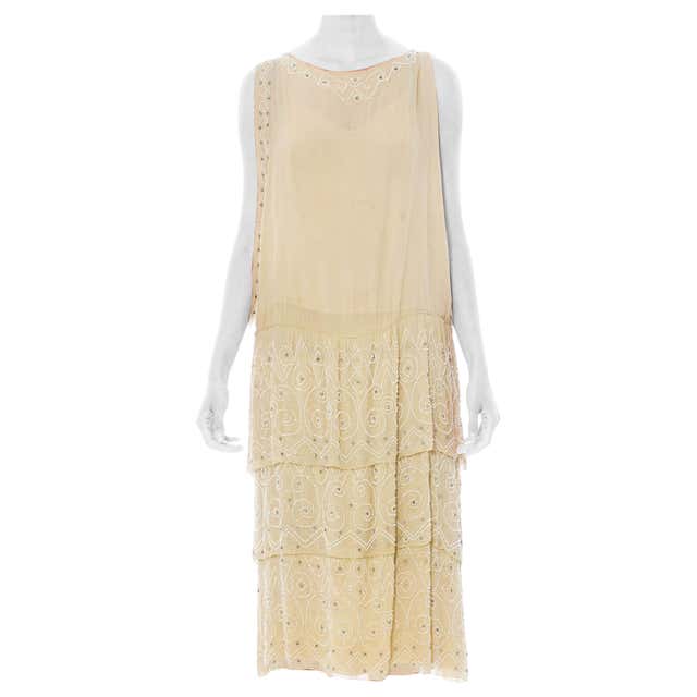 1920S Ivory Silk Chiffon Cocktail Dress With White Beadwork and ...