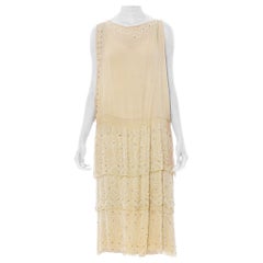 1920S Ivory Silk Chiffon Cocktail Dress With White Beadwork & Crystals