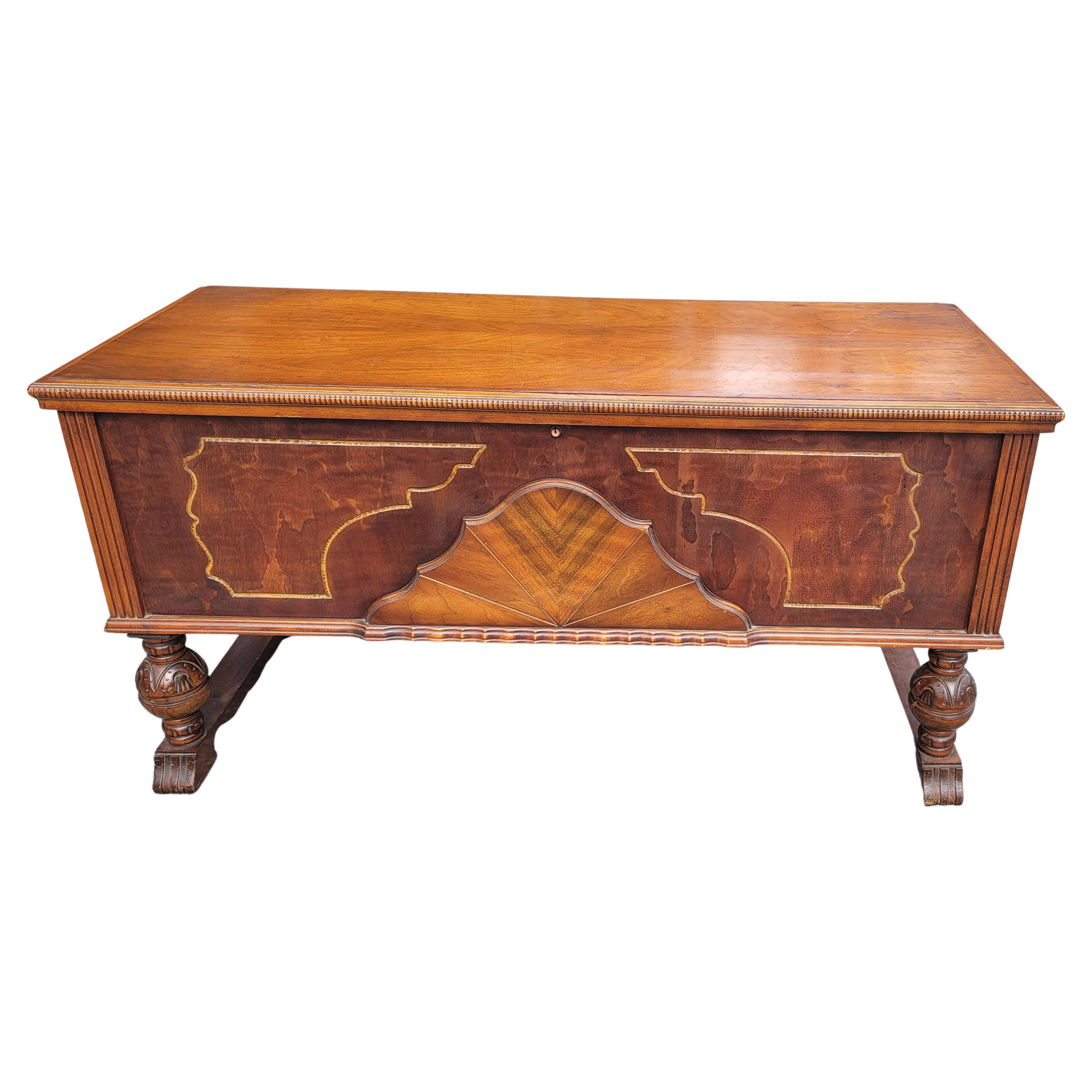 Veneer 1920s Jacobean Style Cedar Lined Walnut Locking Blanket Chest