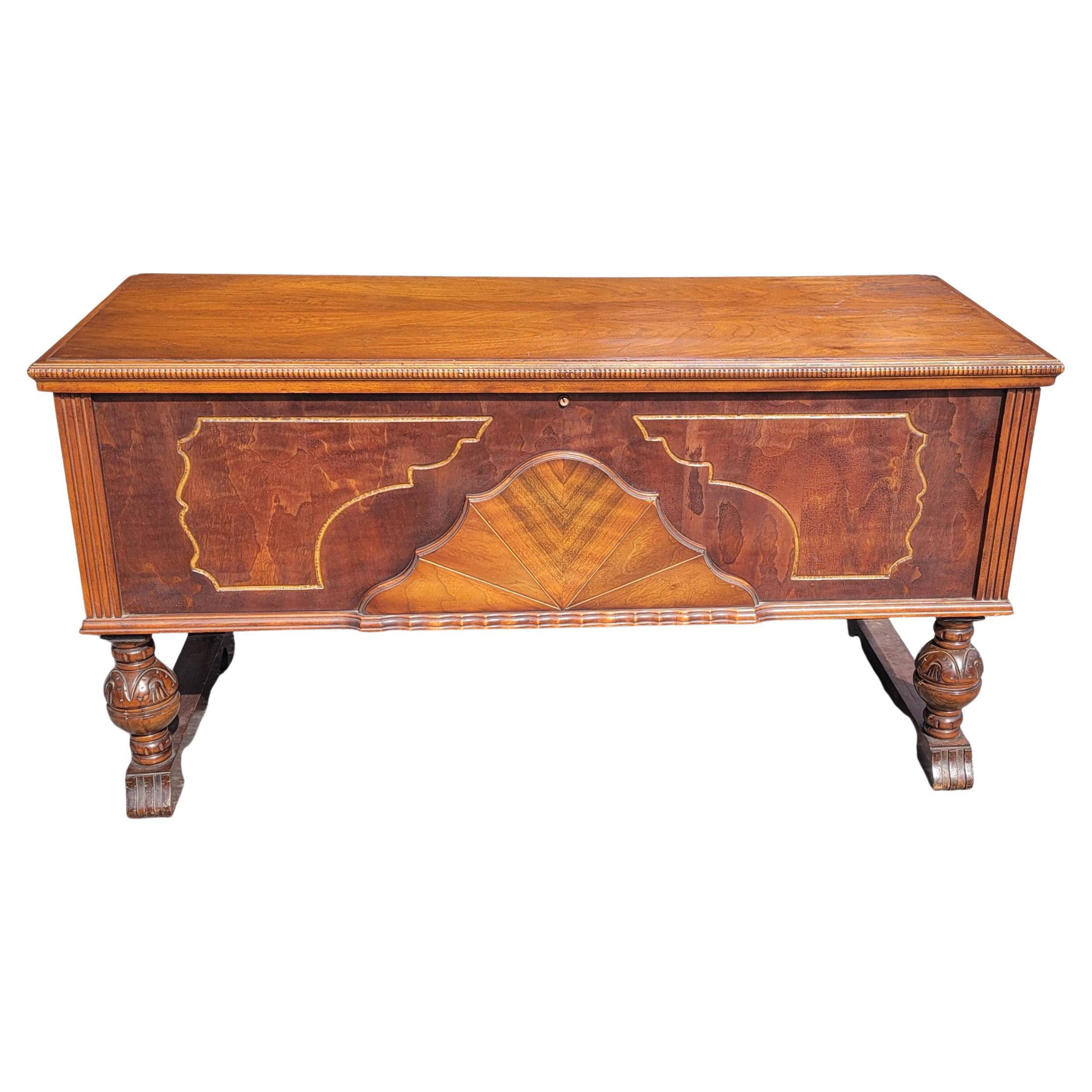 1920s Jacobean Style Cedar Lined Walnut Locking Blanket Chest For Sale