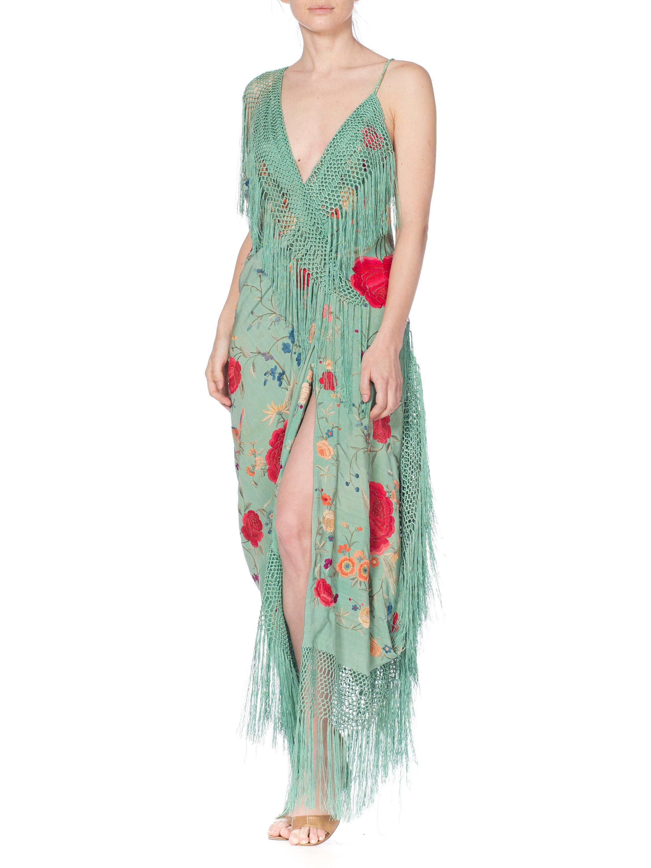 Morphew Collection Jade Piano Shawl Backless Dress with Fringe Train, 1920s 7