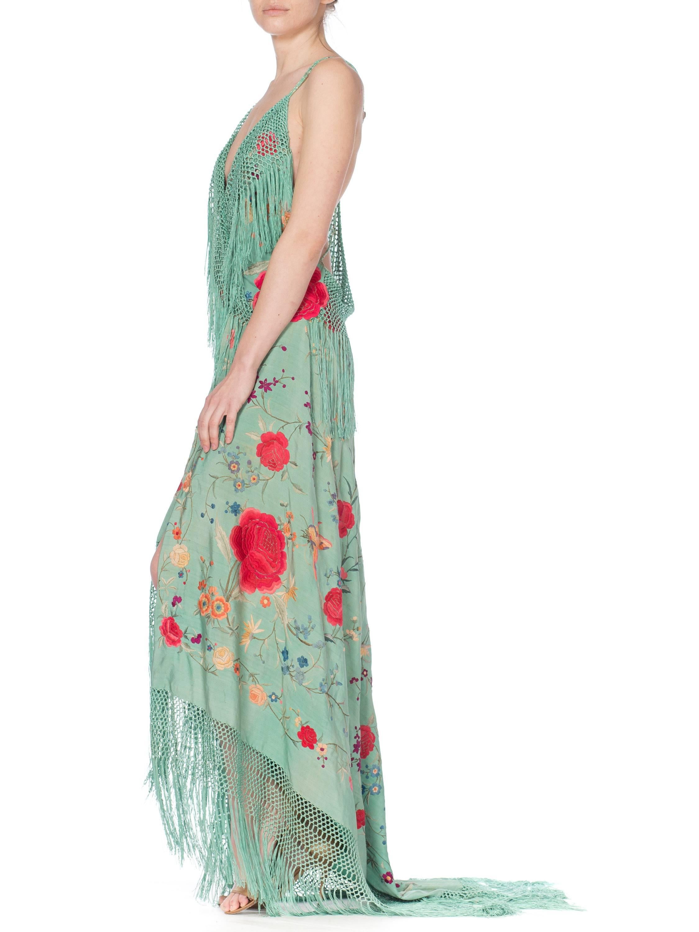 Morphew Collection Jade Piano Shawl Backless Dress with Fringe Train, 1920s  In Excellent Condition In New York, NY