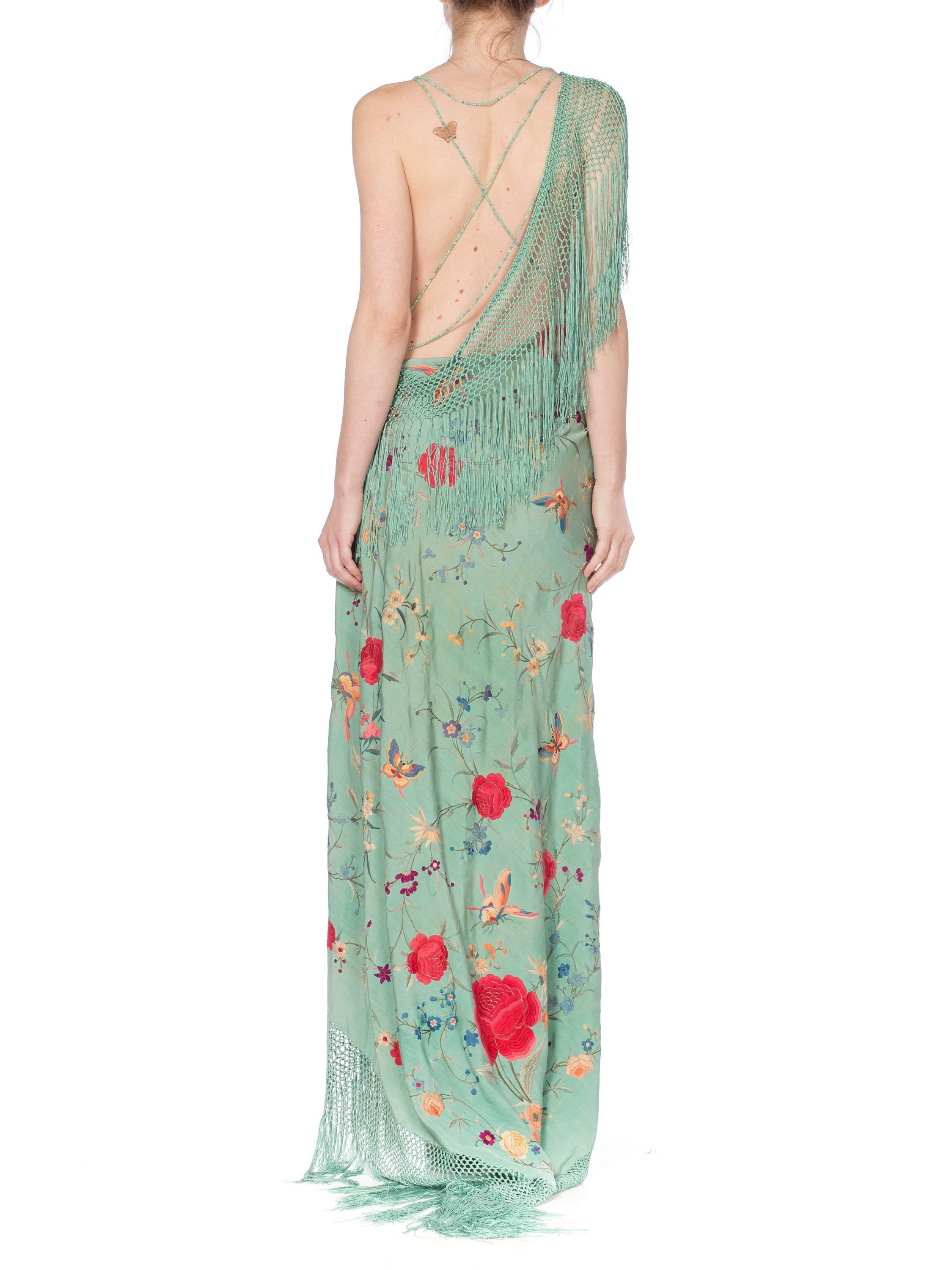 Morphew Collection Jade Piano Shawl Backless Dress with Fringe Train, 1920s 1