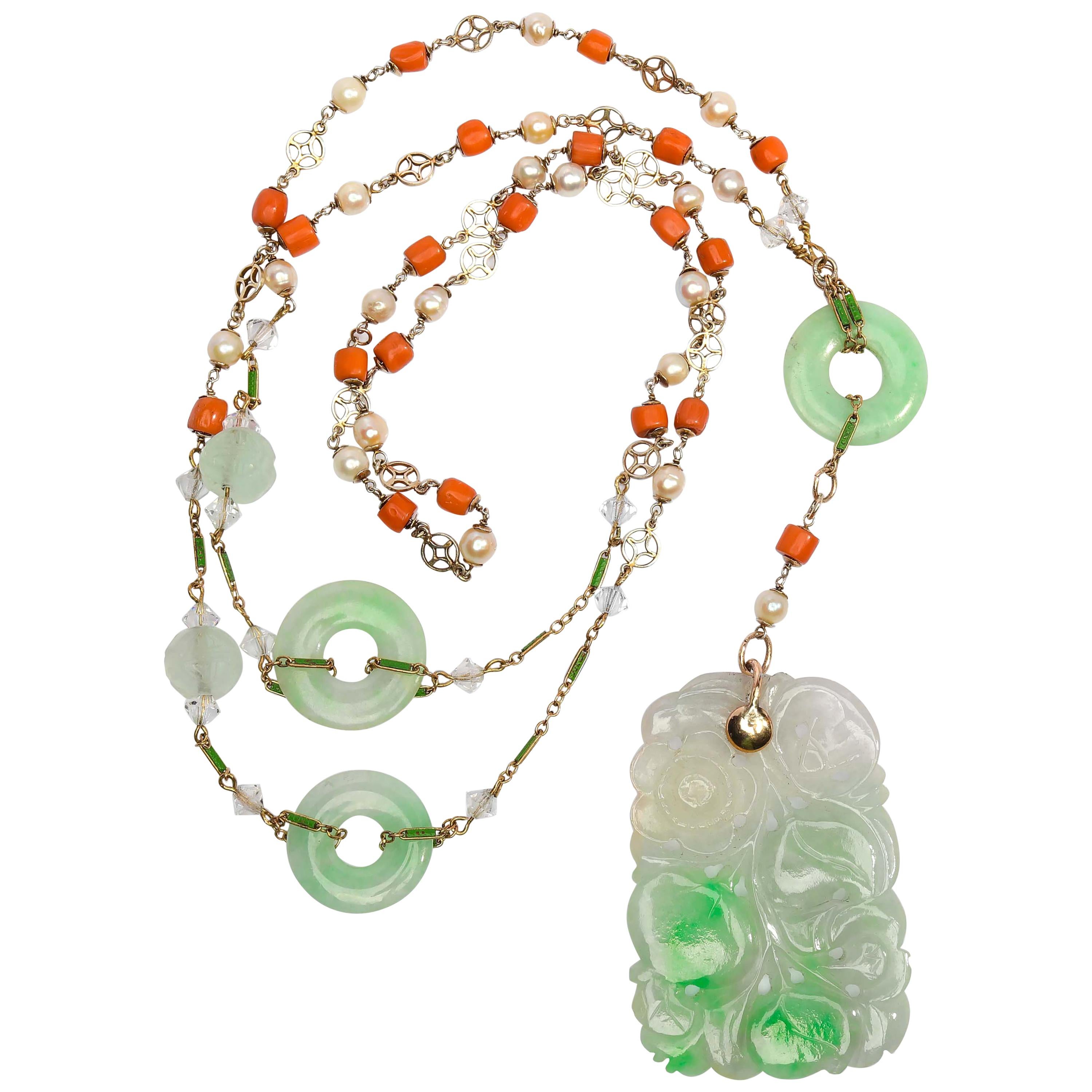 1920s Jade Necklace with Pearls and Coral