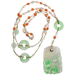 Antique 1920s Jade Necklace with Pearls and Coral