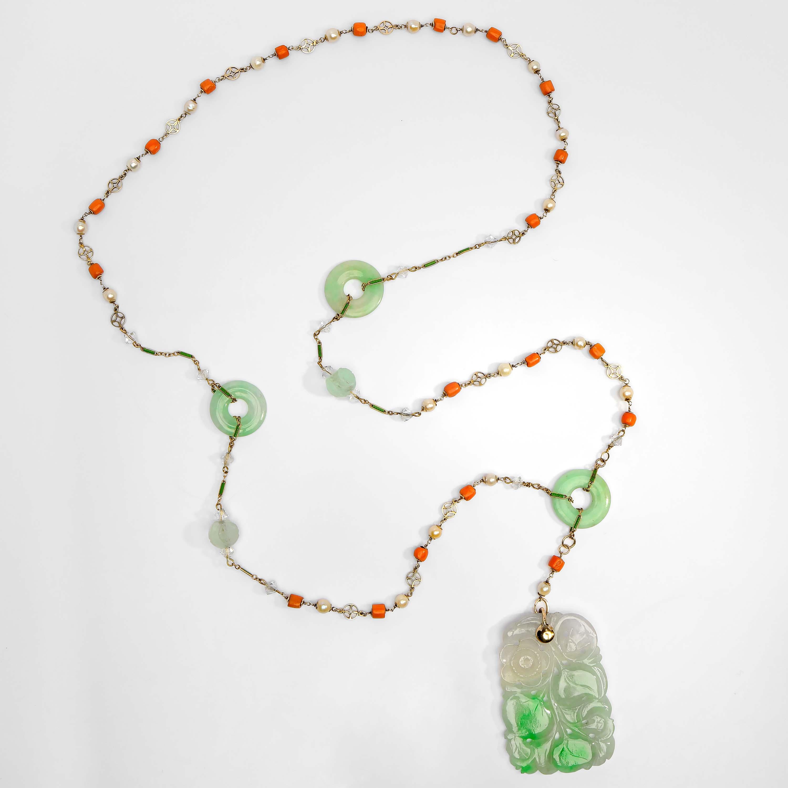 1920s Jade Necklace with Pearls and Coral 1
