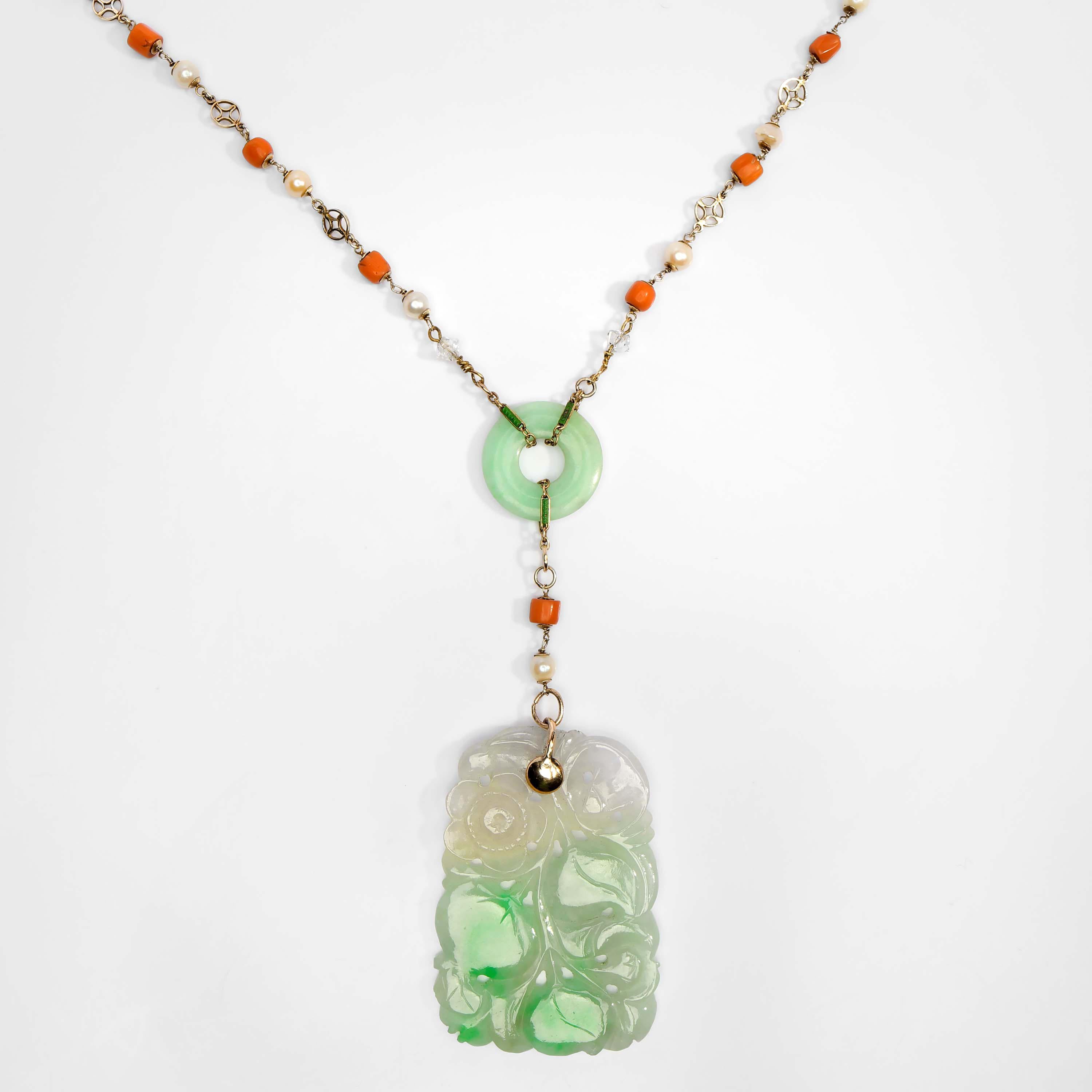 1920s Jade Necklace with Pearls and Coral 2
