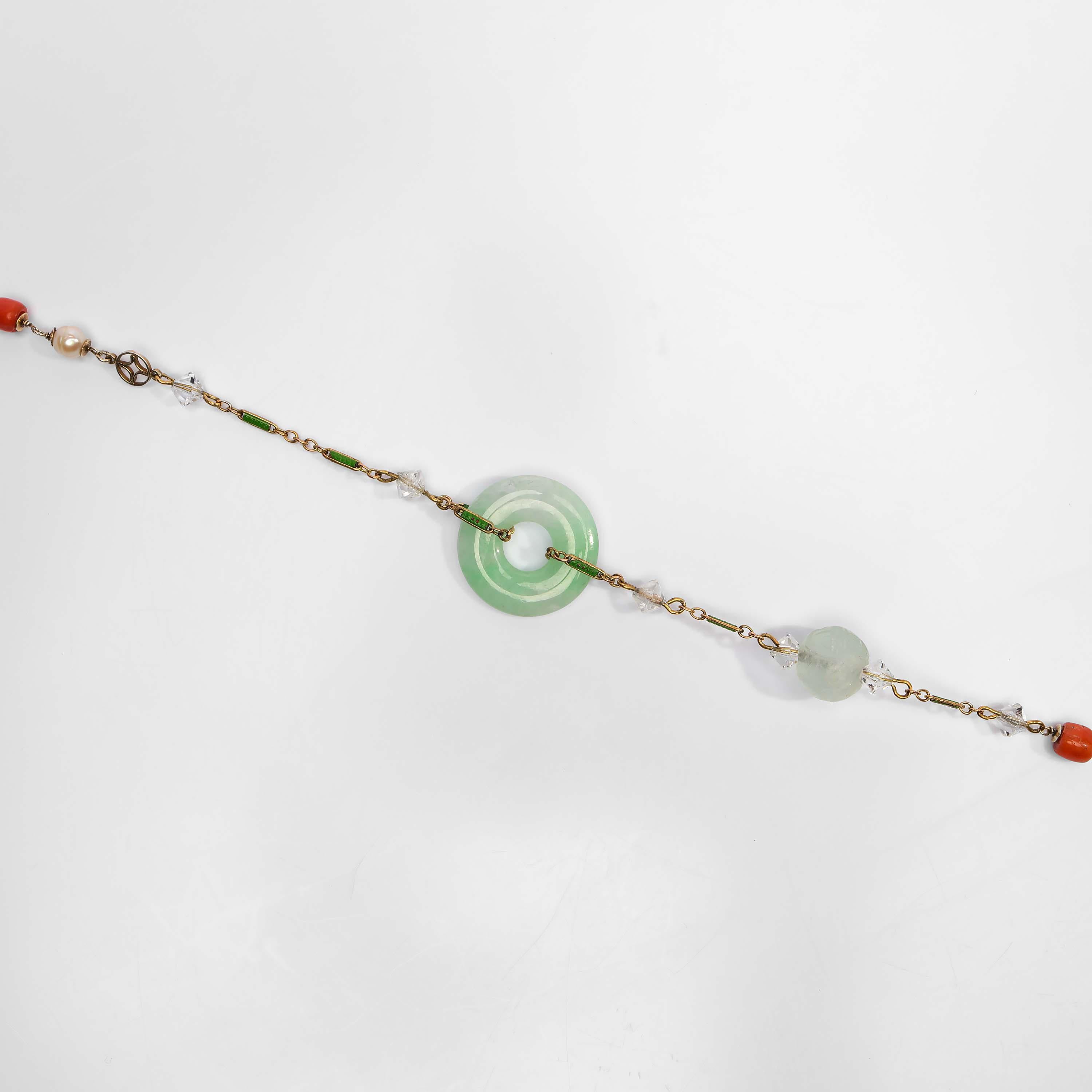 Art Deco 1920s Jade Necklace with Pearls and Coral