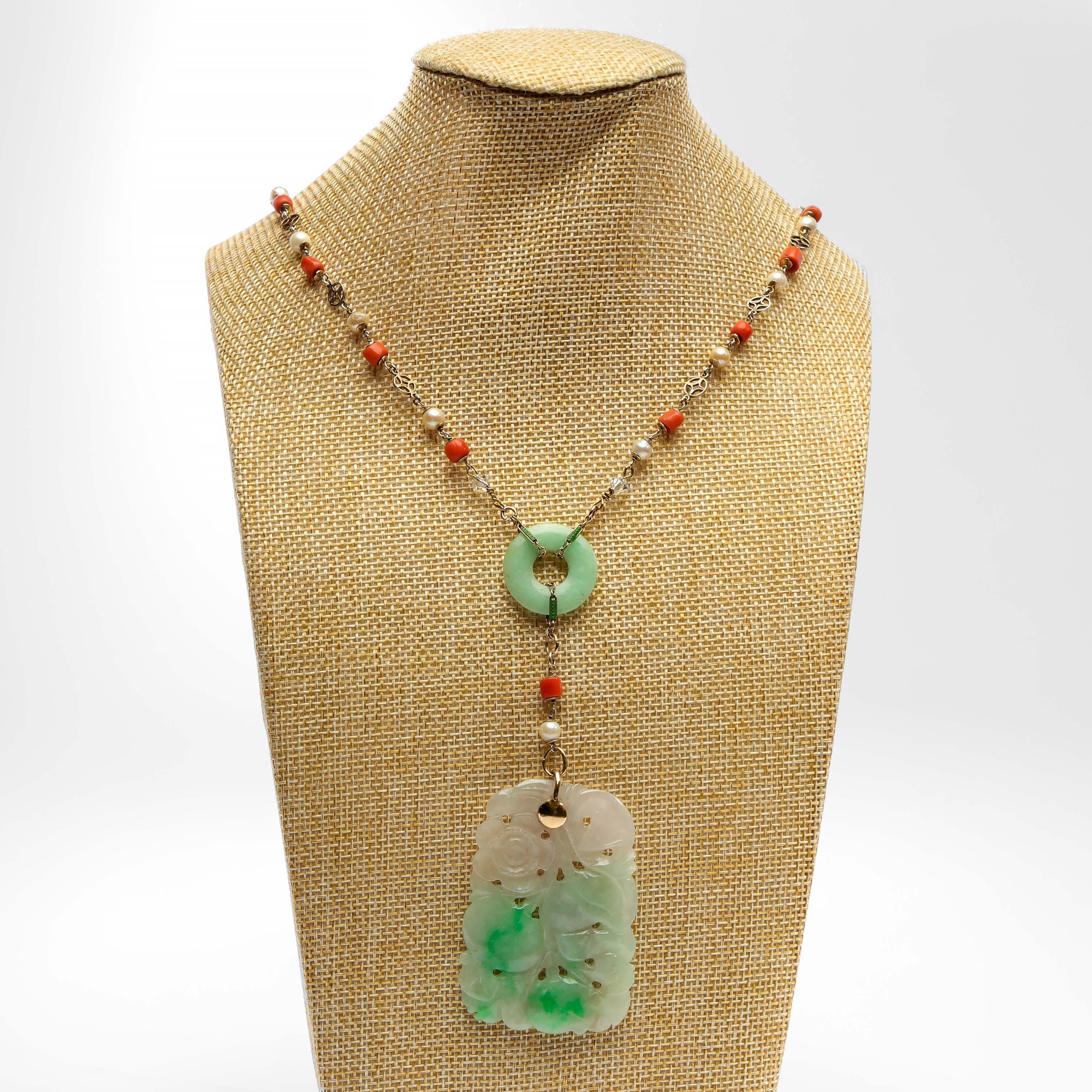 Women's or Men's 1920s Jade Necklace with Pearls and Coral