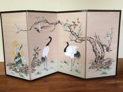1920s Japanese 4 Panel Screen Chrysanthemum Birds Heron