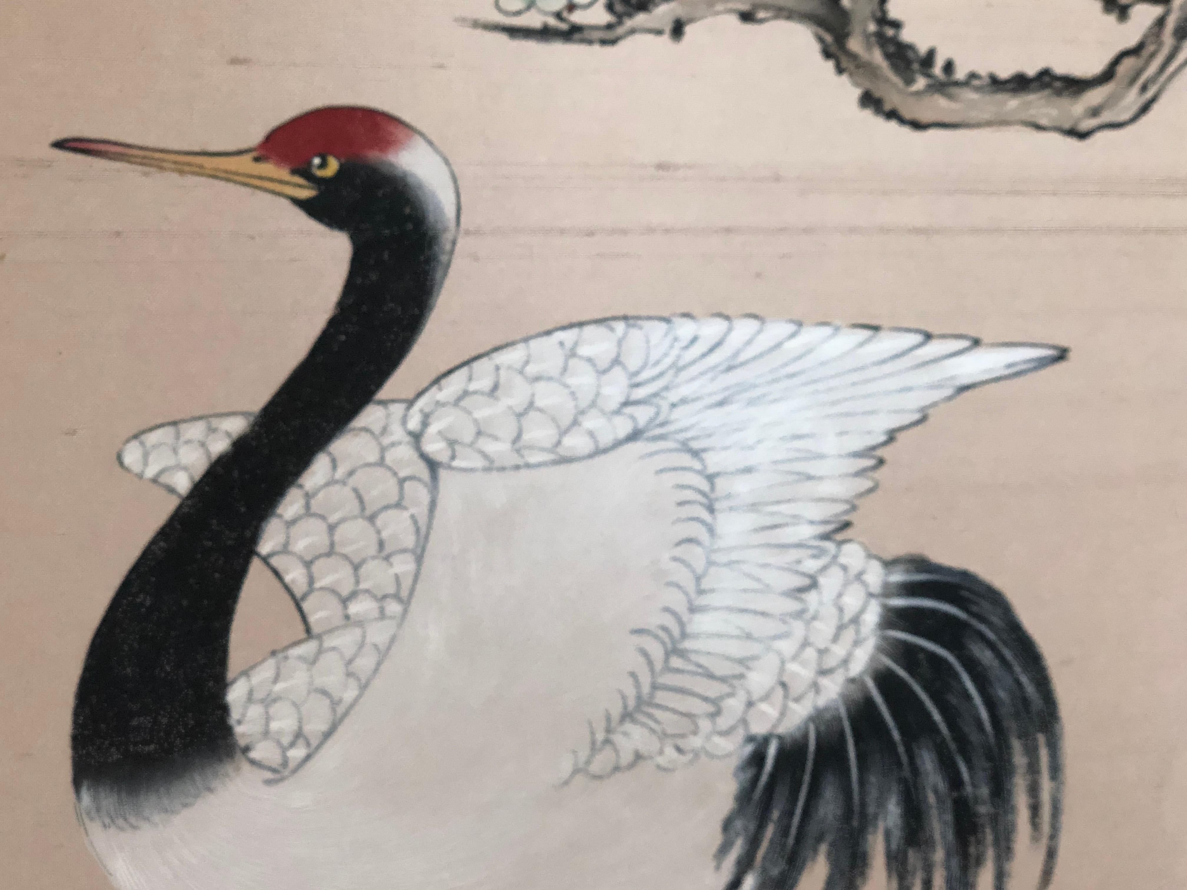 Meiji 1920s Japanese 4 Panel Screen Chrysanthemum Birds Heron For Sale