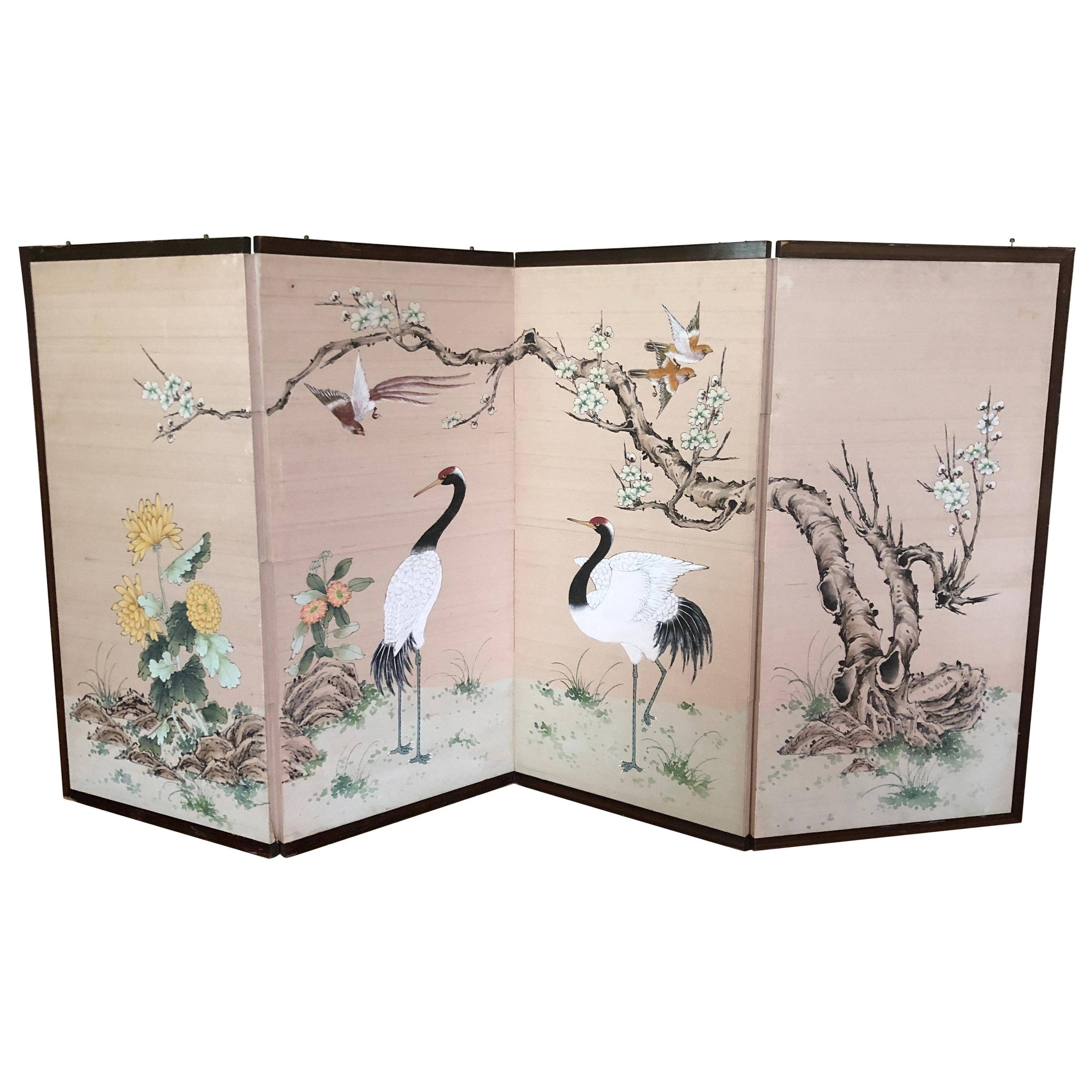 1920s Japanese 4 Panel Screen Chrysanthemum Birds Heron For Sale