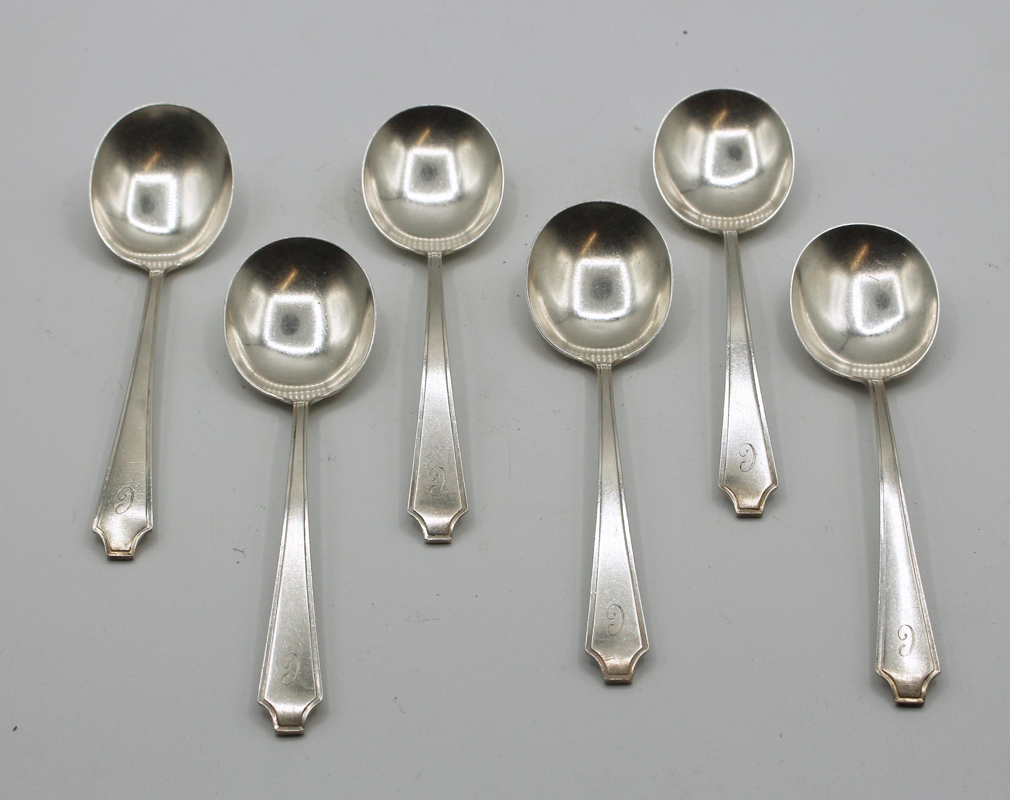 A set six Jenny Lind large sterling soup spoons by Alvin, c.1920s. Monogram 