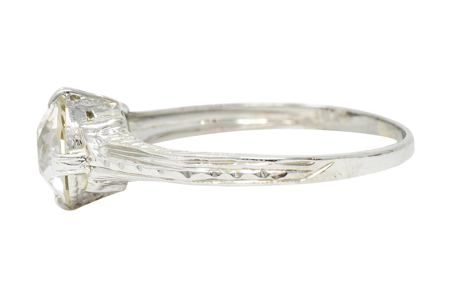 Women's or Men's 1920's J.W. Grant & Co. Art Deco 1.60 Carats 18 Karat White Gold Engagement Ring For Sale