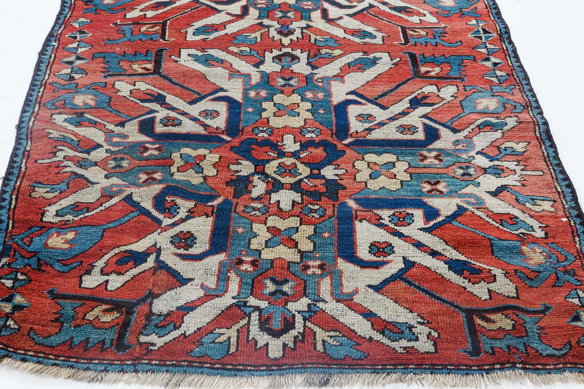 Hand-Knotted 1920s Kazak Blue, Red and White Handmade Wool Rug
