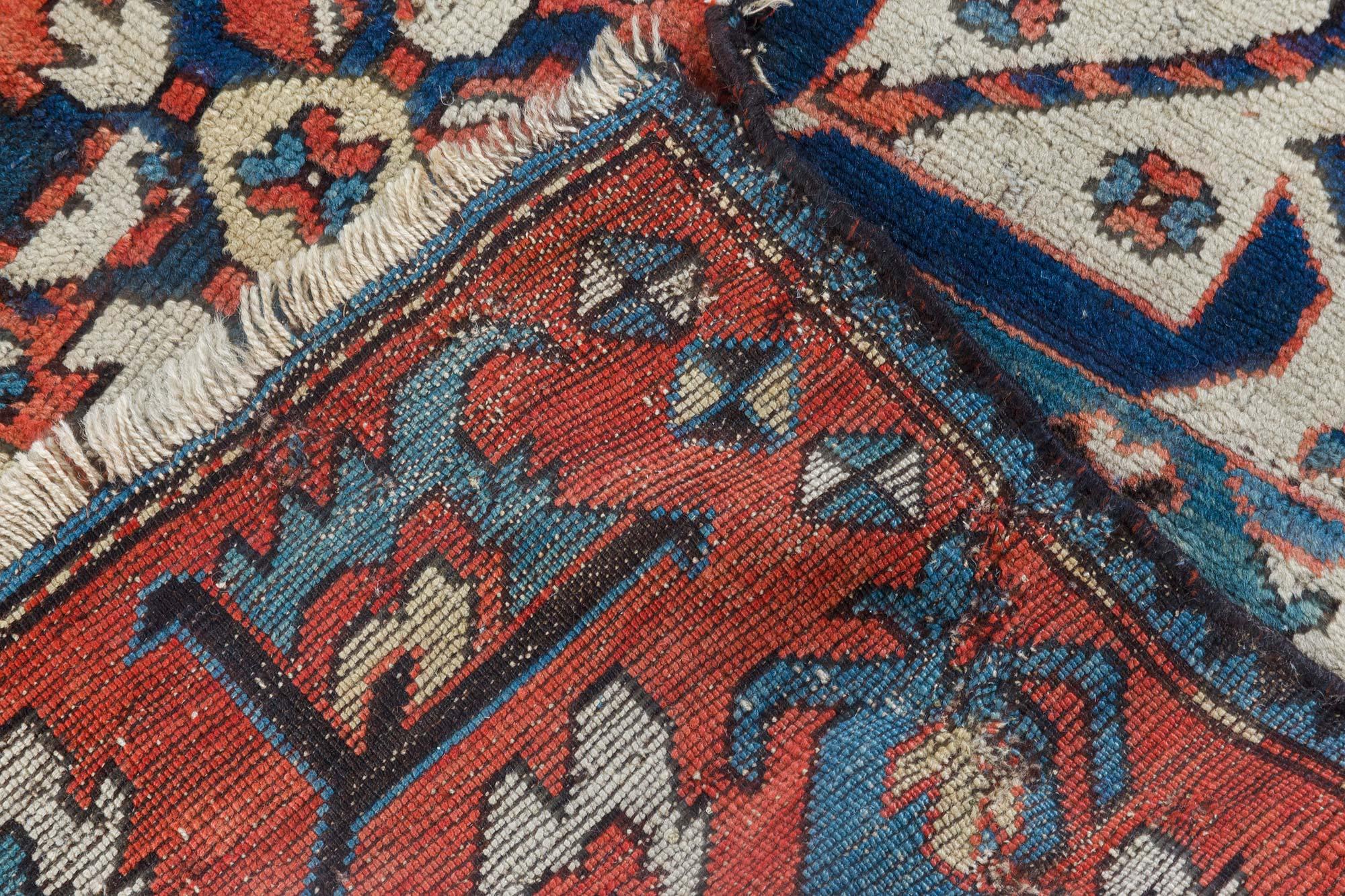 1920s Kazak Blue, Red and White Handmade Wool Rug In Good Condition In New York, NY
